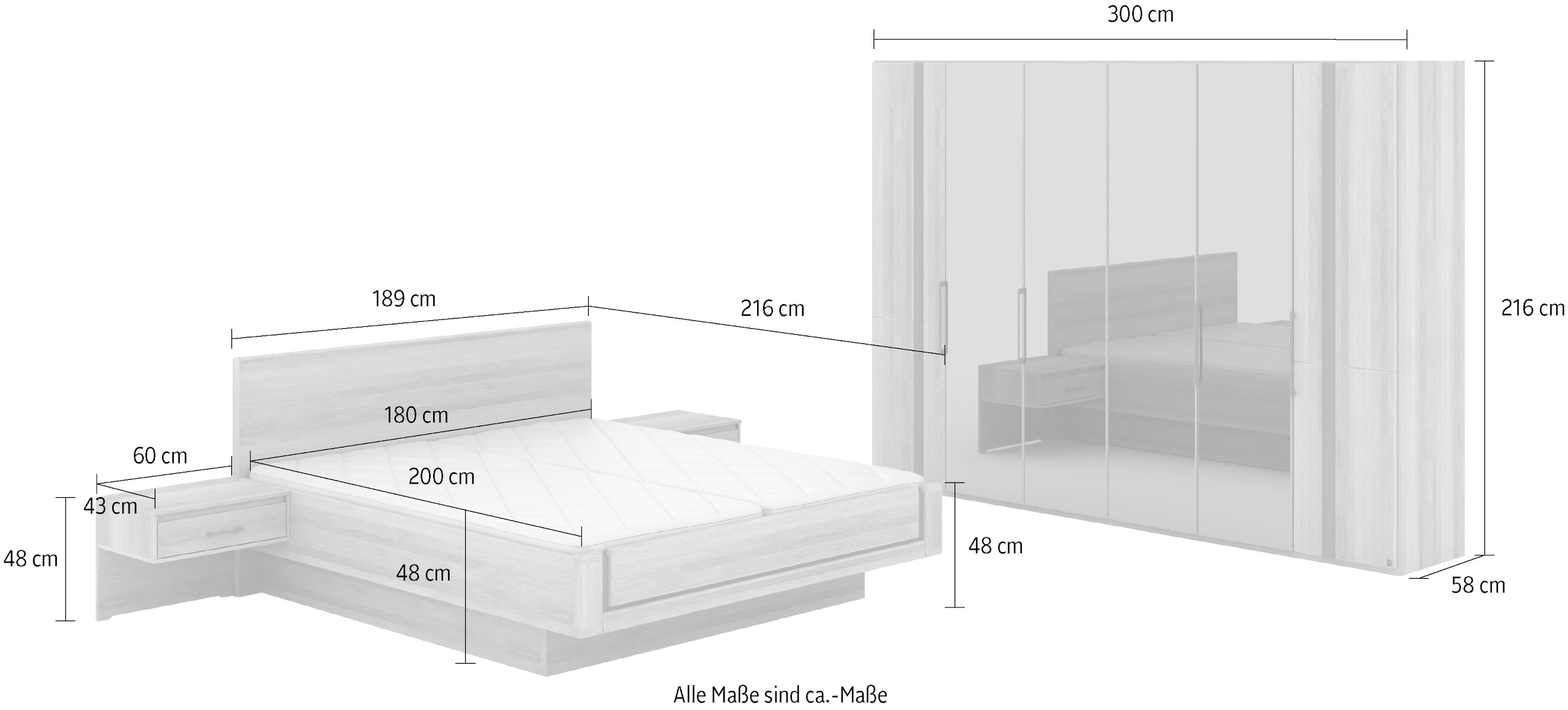 Musterring Schlafzimmer-Set »Sorrent, Kleiderschrank, Bett & Nachtkommoden, teilmassiv Eiche«, (2er-Set Nachtschränke, Drehtürenschrank 300 cm, Bett 180x200 cm), Bett schwebende Optik, Eiche teilmassiv, Spiegeltüren in Parsol-Bronze