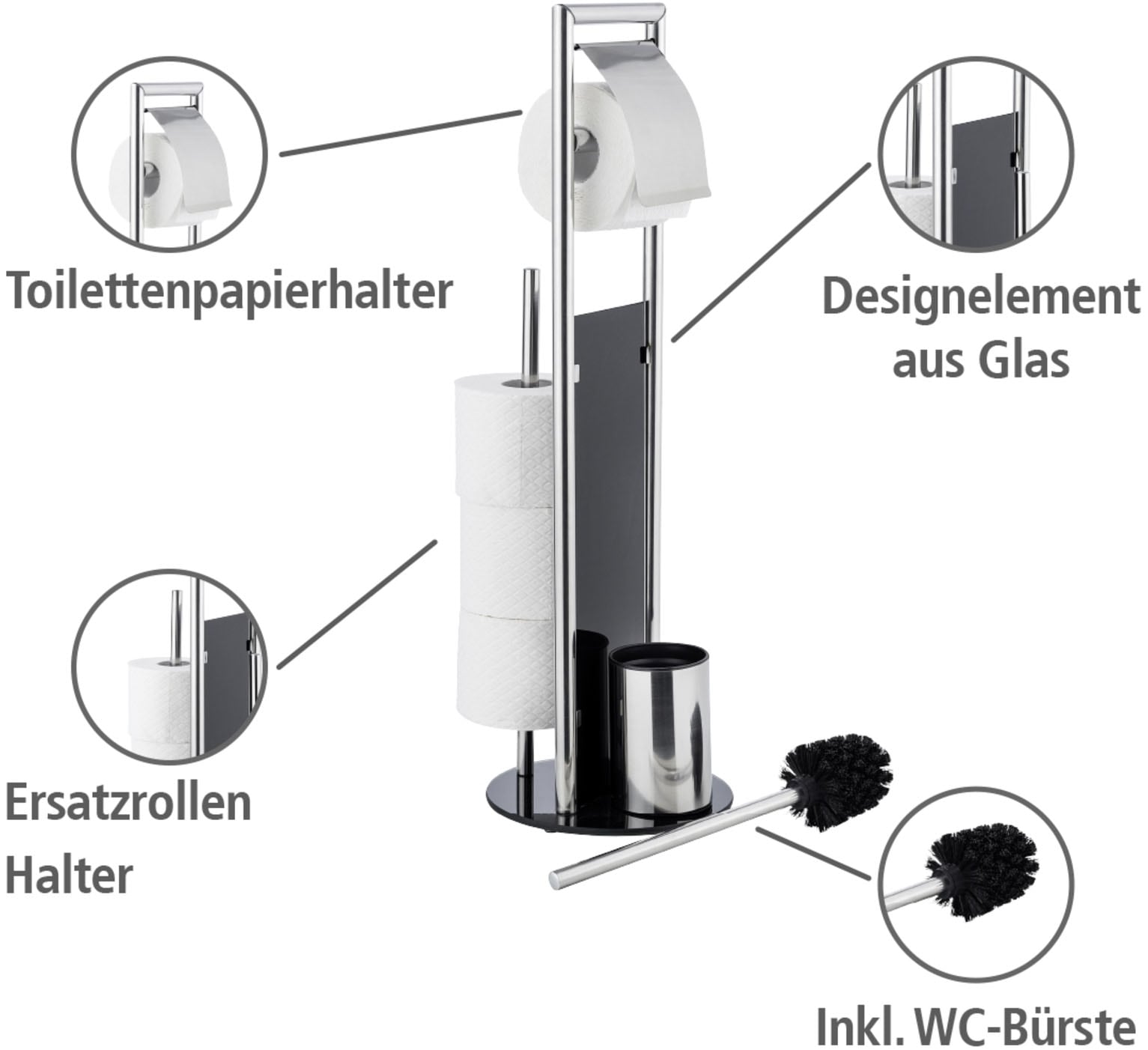 WENKO WC-Garnitur »Ravina« aus Edelstahl | Kunststoff | Sicherheitsglas Stand WC Garnitur und Handtuchhalter
