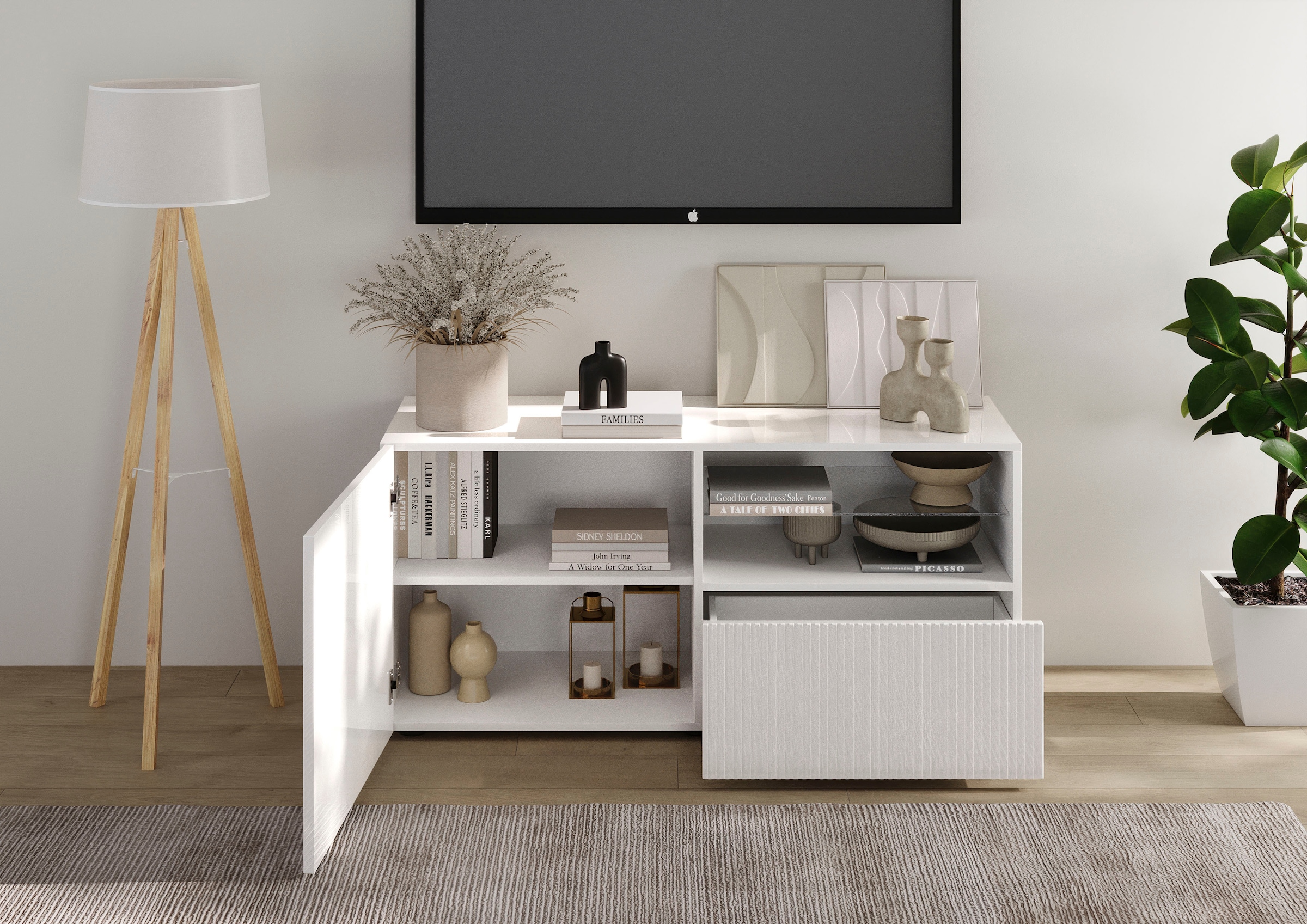 Home affaire Lowboard »Rio Breite 120 cm, TV-Board 1 Tür u. 1 Schubkasten, TV-Schrank« geriffelte MDF-Fronten, modern u. elegant, Kabelführung, platzsparend