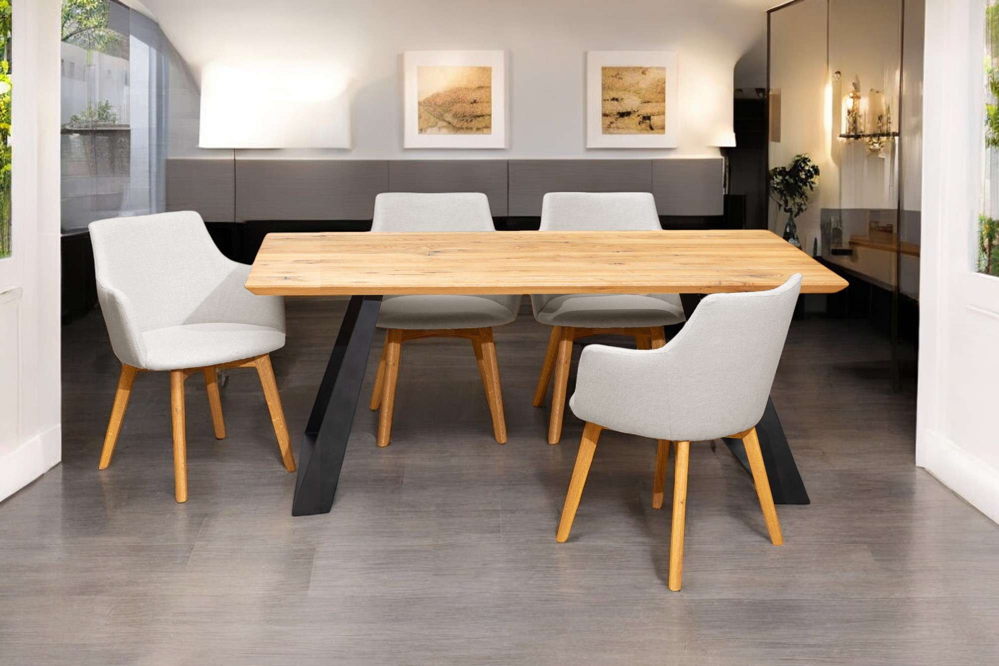 Home affaire Essgruppe »Ena Sitzgruppe für Küche/Esszimmer, Esstisch mit 4 Polsterstühlen 5tlg«, (Set, 5 tlg., 5-tlg), Stuhlbeine in Eiche Natur oder Buche Schwarz, Tisch 180 cm, U-Gestell