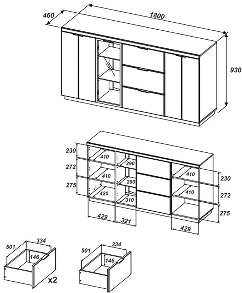 Innostyle Sideboard »Donna Sideborad, 180x93x48 (BxHxT)« 1 Stk. tlg. Beleuchtung optional bestellbar, 3 türig, 3 Schubkasten, Softclose