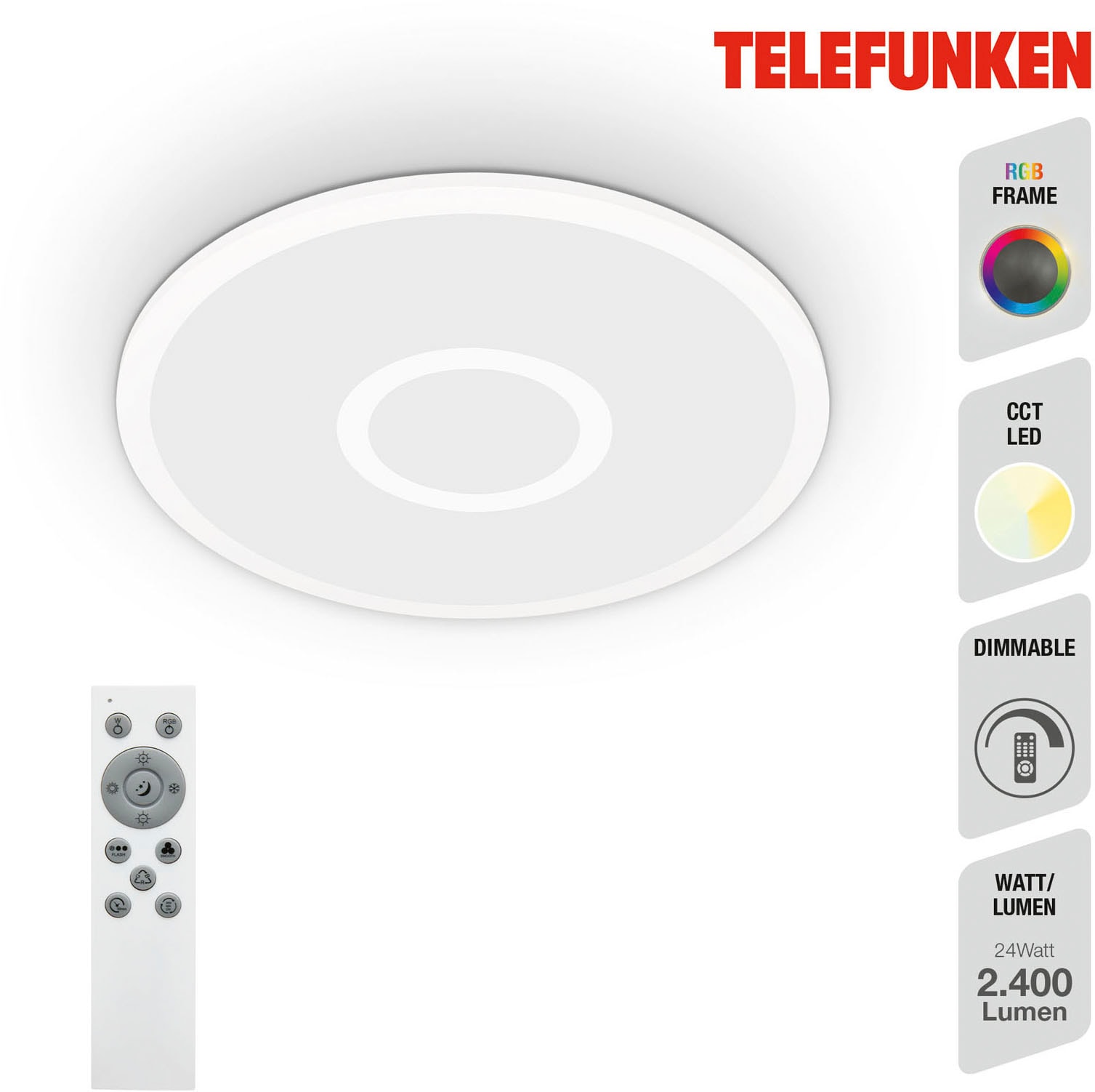 Telefunken LED Panel »319306TF CENTERLIGHT«, Leuchtmittel LED-Board | LED fest integriert, Deckenleuchte Panel CCT RGB Beleuchtung Centerlight 22W 2200lm Ø 45cm