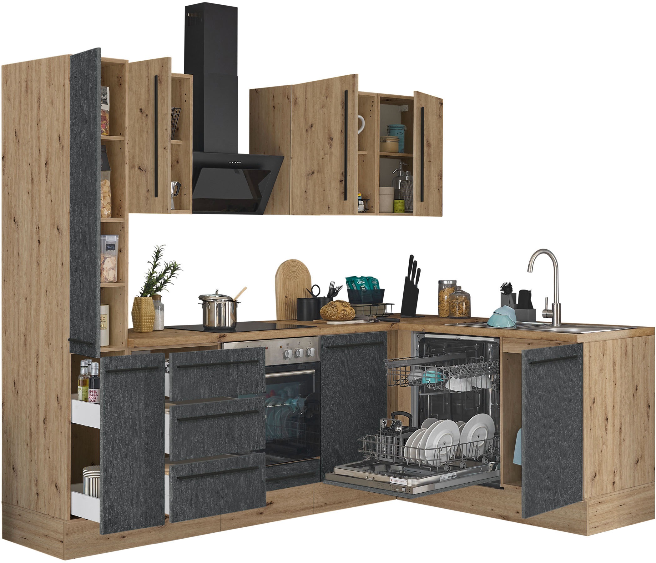 KOCHSTATION Winkelküche »Florida, Stellbreite 250x165 cm«, wahlweise mit E-Geräten, mit Softclose für Türen und Schubkästen