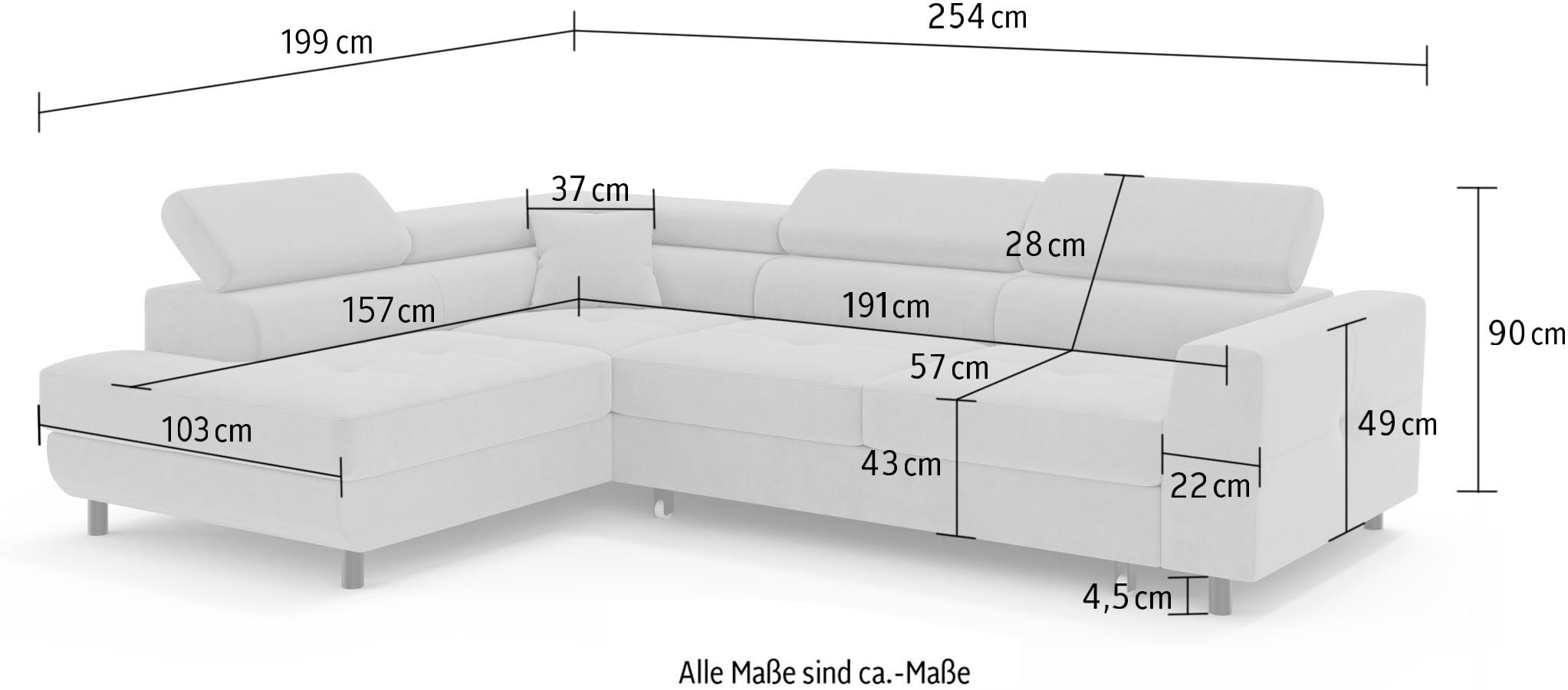 OTTO home Ecksofa »AADEN Schlafsofa 254 cm - OTTO. Verlässliche Qualität.« mit Bettfunktion, Bettkasten, Kopfstützen, rechts/links bestellbar