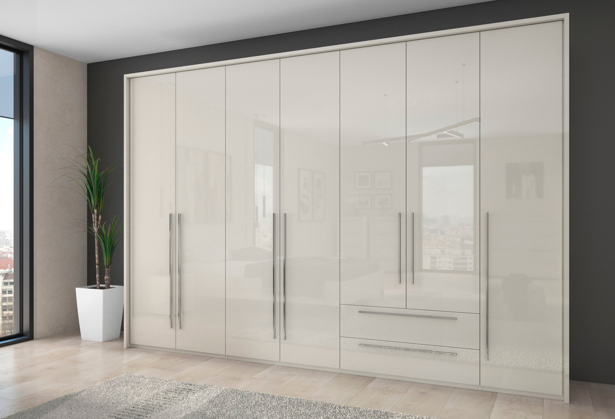 Places of Style Drehtürenschrank »Piano, inklusive Rahmen und Beleuchtung, soft-close-Funktion«, (viele Breiten zur Auswahl, 226cm hoch, mit jeweils 2 Schubladen), beige oder weiß, UV lackiert, Hochglanzfronten, FSC-zertifiziert
