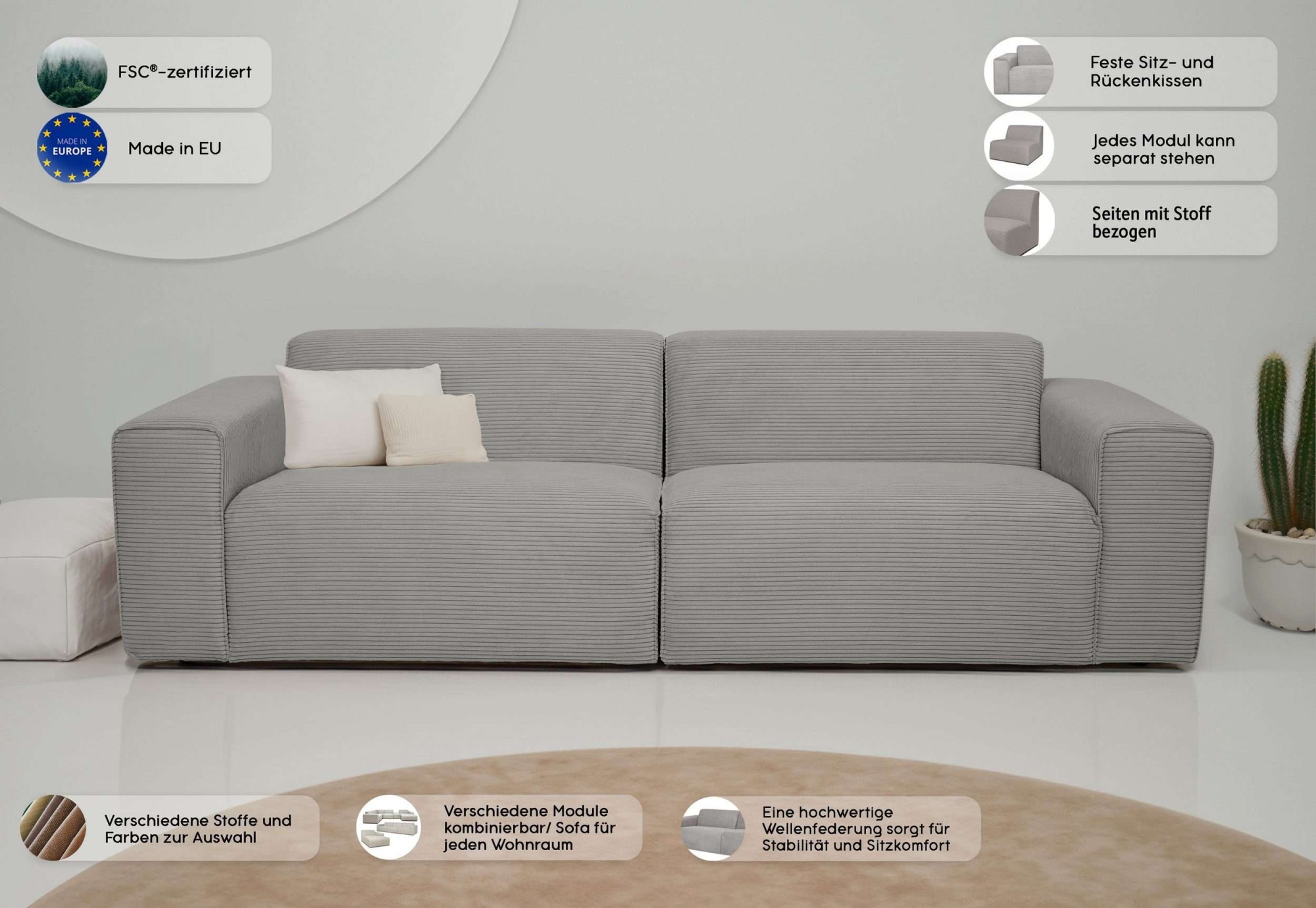 OTTO home 3-Sitzer »Koa, 228 cm, Modulsofa in Cord, Chenille, Struktur, Webstoff« Designsofa, weicher Lounge-Sitzkomfort, Welleunterfederung, bodentief