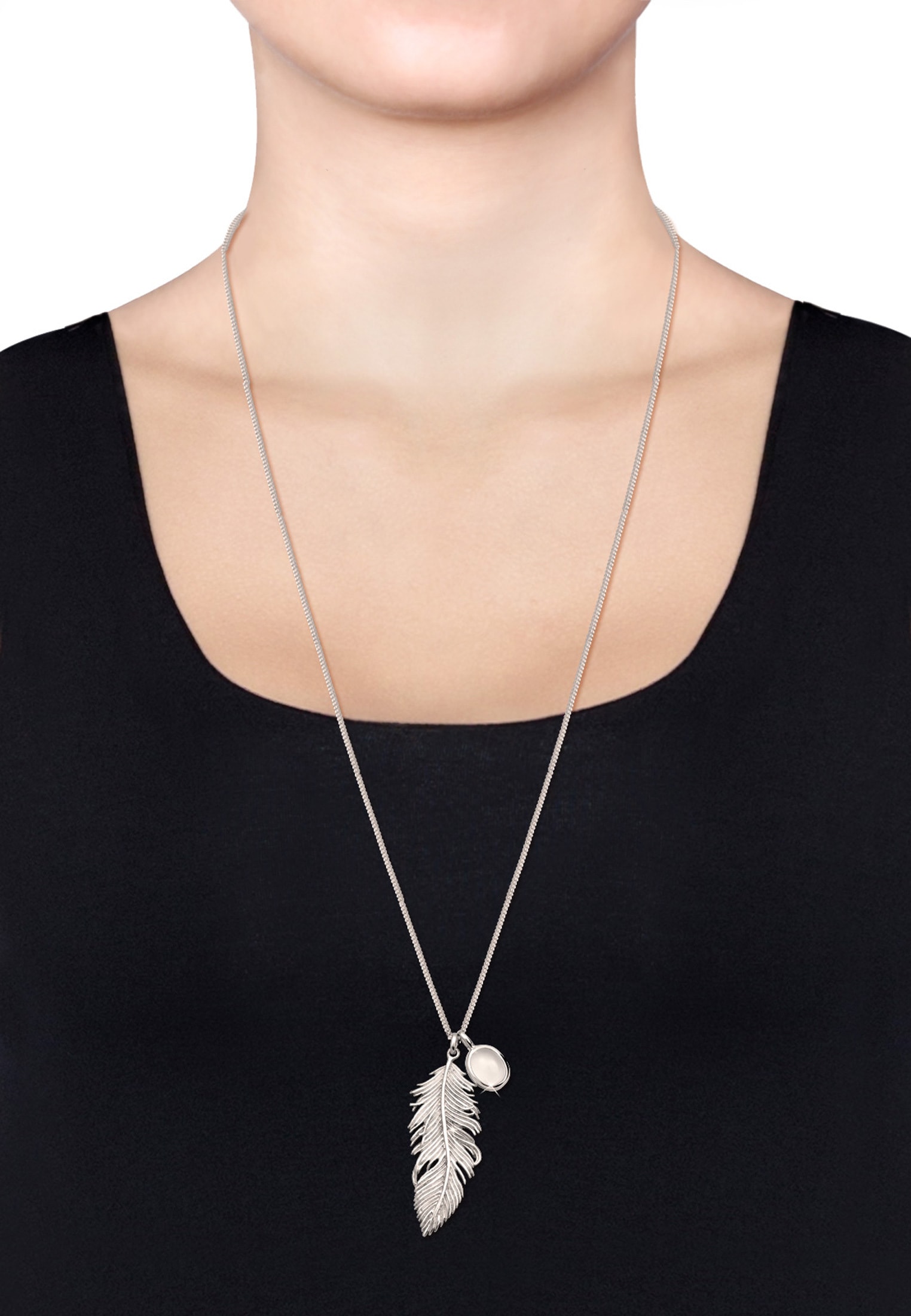 Elli Lange Kette »Halskette Feder Mondstein Weiß 925 Sterling Silber«