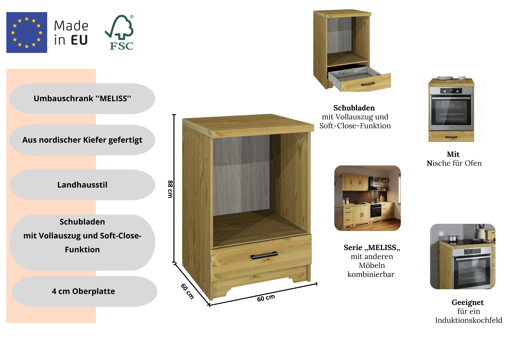 Home affaire Herdumbauschrank »Meliss« aus massiver Kiefer, Breite 60 cm, Soft-Close-Funktion