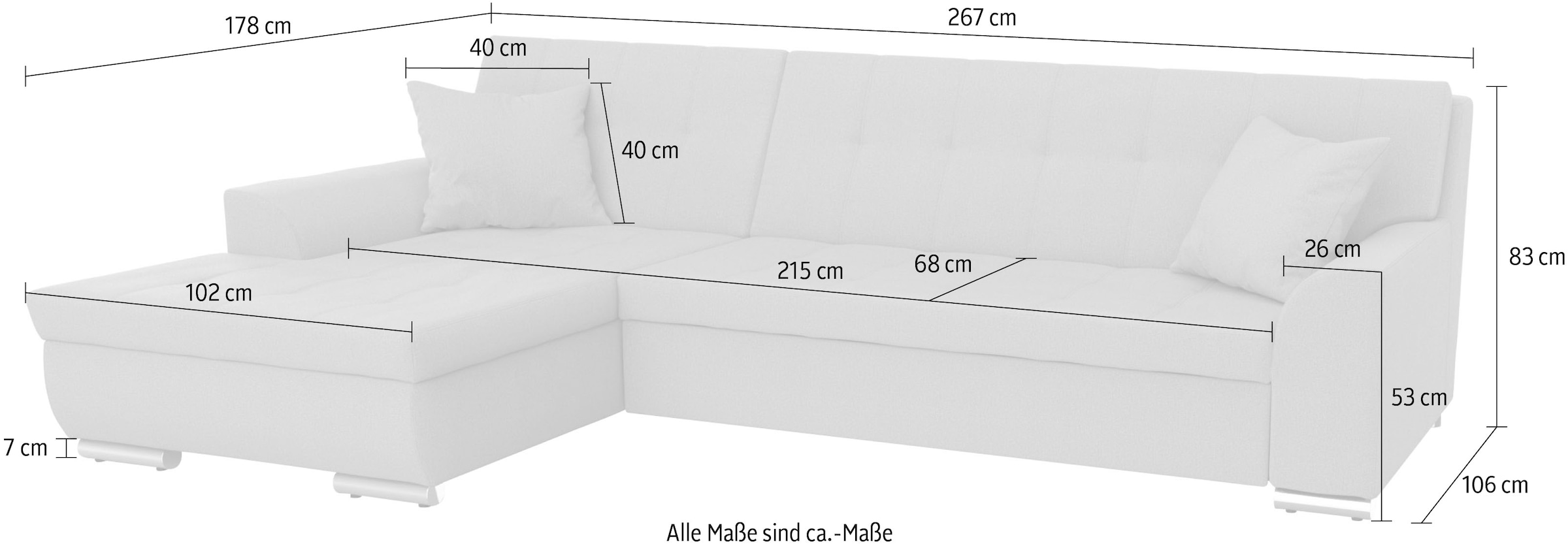DOMO collection Ecksofa »Treviso viele Bezüge, auch in Cord, L-Form, B/T/H: 267/80/83 cm« wahlw. mit Bettfunktion, inkl. Zierkissen, Unser Dauertiefpreis