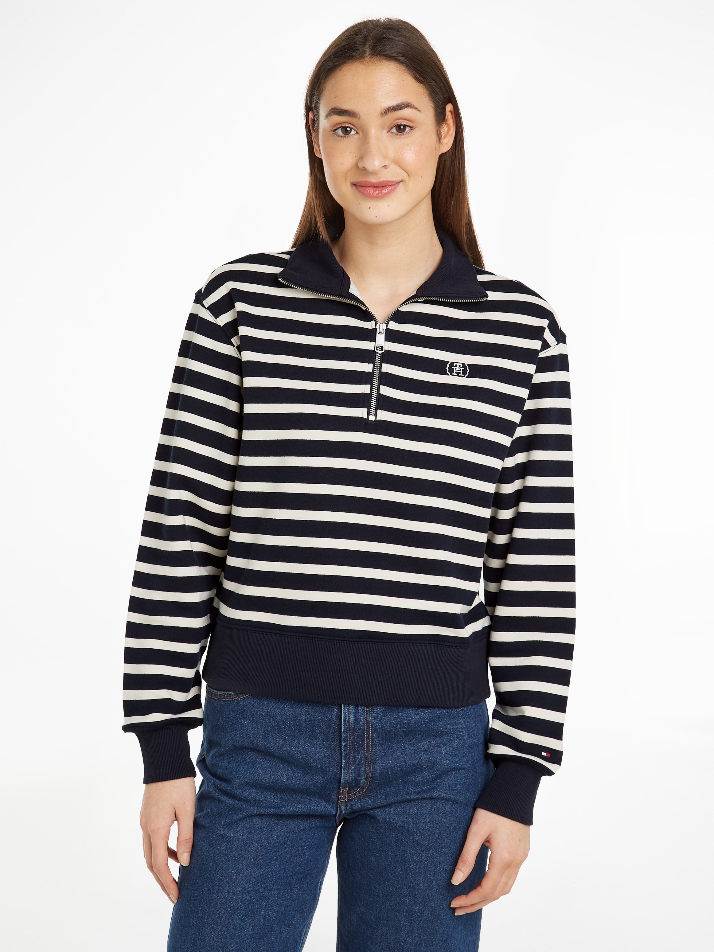 Sweater »SMD BRETON STRIPE 1/2 ZIP HWK«, Polokragen mit Reißverschlusss, gestreift,...