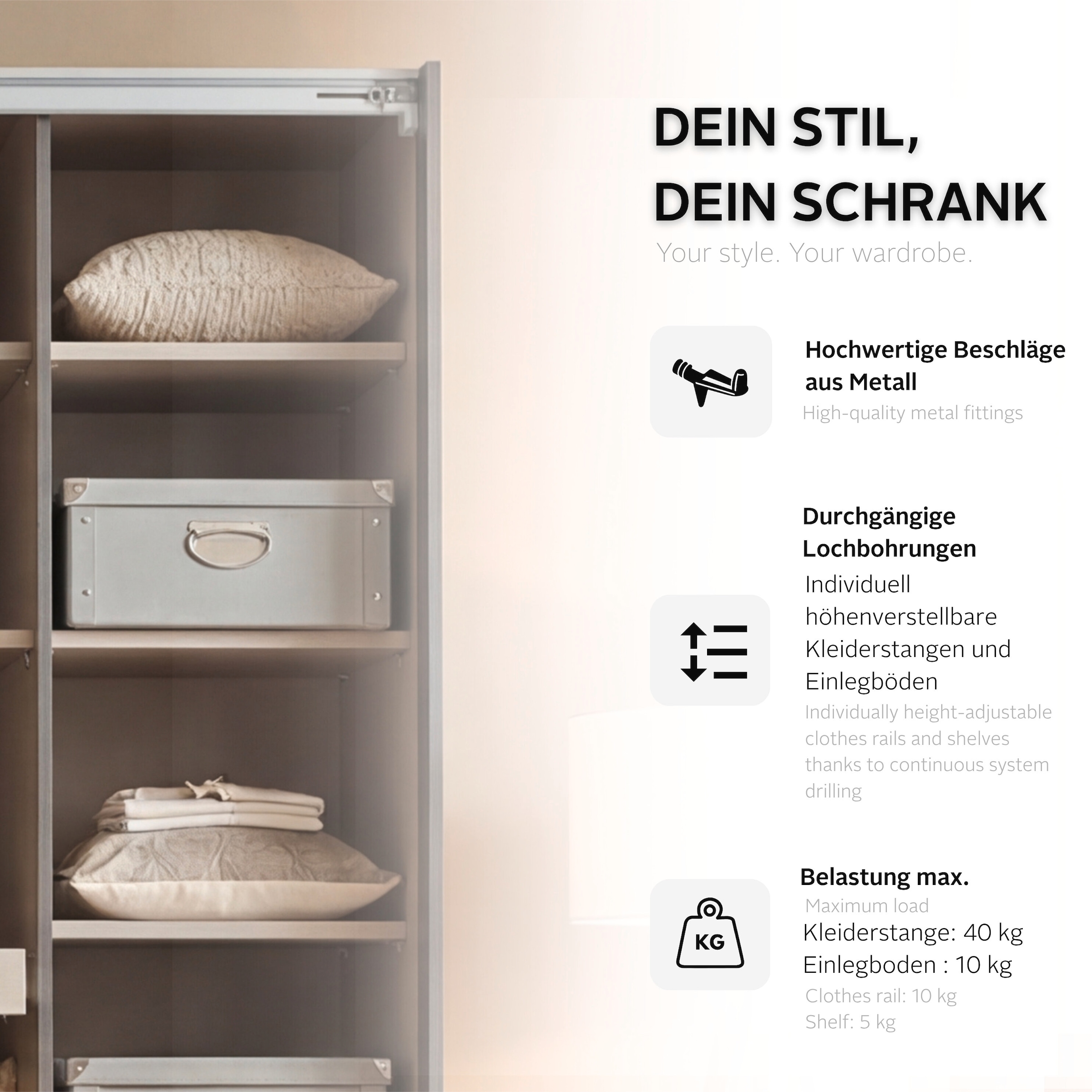 OTTO home Kleiderschrank »Schlafzimmer Schrank Garderobe RONDO Breiten 136/181/226/271 cm« 3 verschiedene Ausstattungen BASIC/CLASSIC/PREMIUM (inkl. SOFT-CLOSE),  elegante ovale Spiegelelemente Metallgriffe in Schwarz MADE IN GERMANY