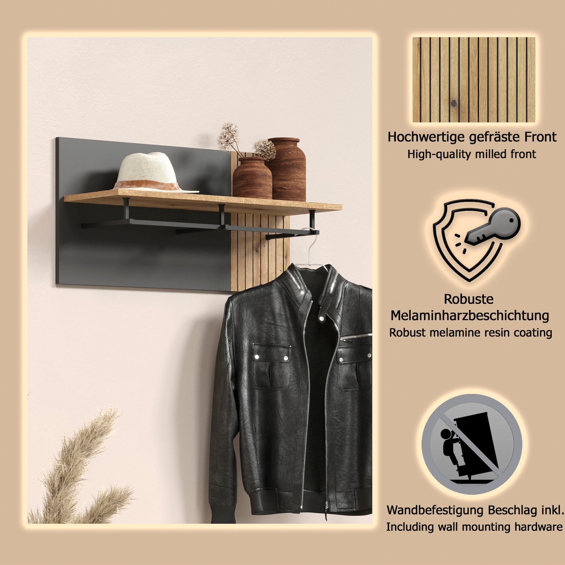 Home affaire Garderobenpaneel »Estepona« 1 Stk. tlg. Wandpaneel mit Hutablage und Kleiderstange - (B/T/H) 80/28/40 cm
