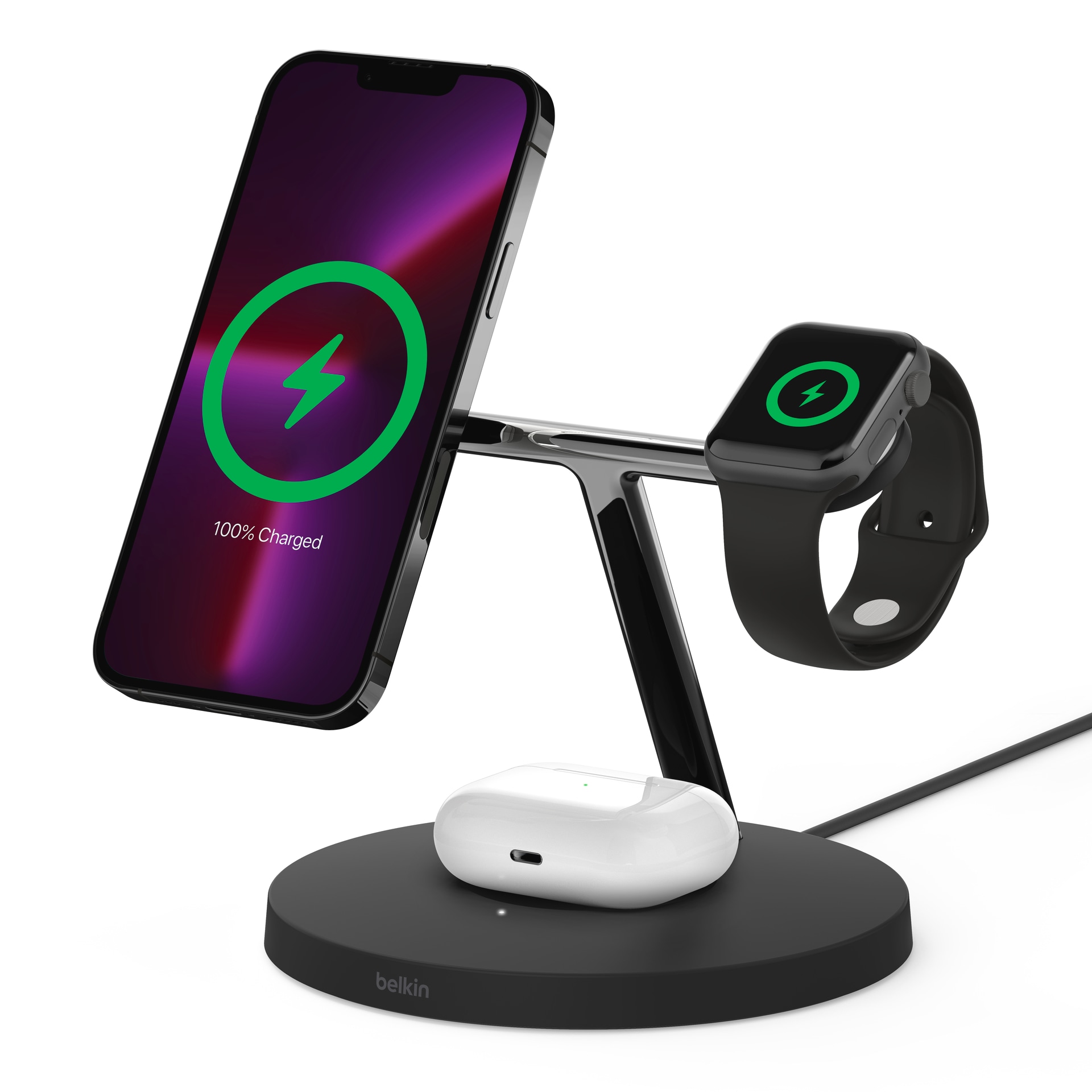 Belkin Wireless Charger »Belkin drahtloses 3-in-1 MagSafe Ladegerät«, (inkl. Netzteil kompatibel für iPhone der Serie 15/14/13/12), für iPhone, Apple Watch und AirPods, Wireless Ladestation/Ladeständer