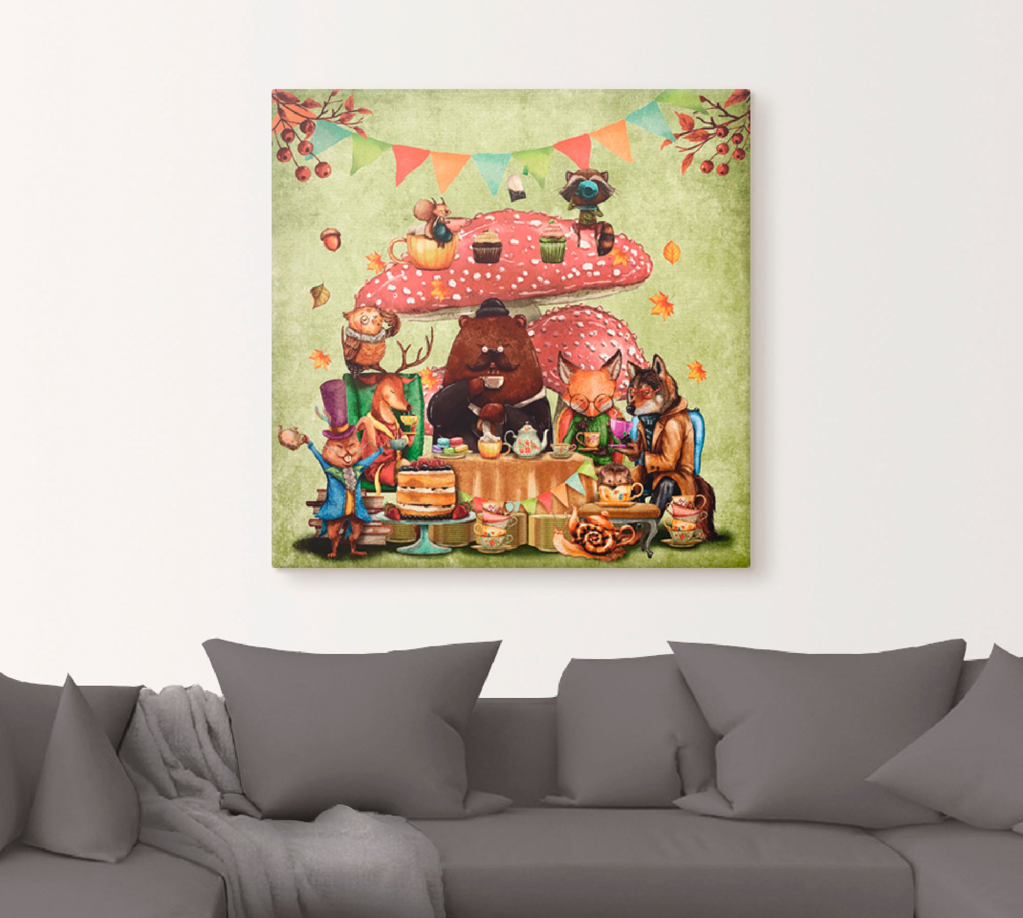 Artland Leinwandbild »Wald Freunde Fliegenpilz Teetrinken« Animal Fantasy 1 Stk. tlg. auf Holzrahmen gespannt