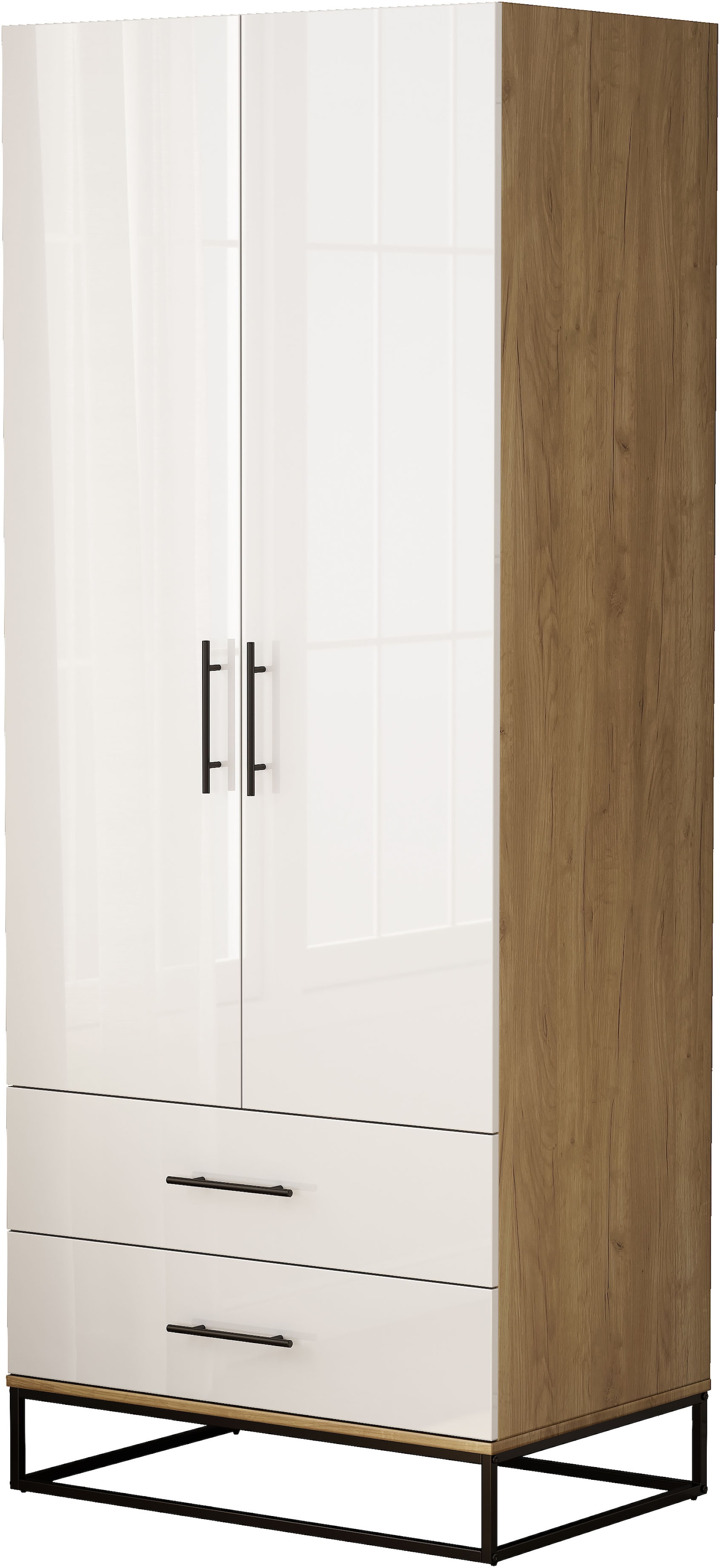 OTTO home Kleiderschrank »Lucca Schlafzimmerschrank Garderobe hochglanz Bestseller« Hochwertige schwarze Griffe und Kufengestell,  Schlafzimmerschrank mit 2 Türen und 2 Schubladen, Breite 80cm