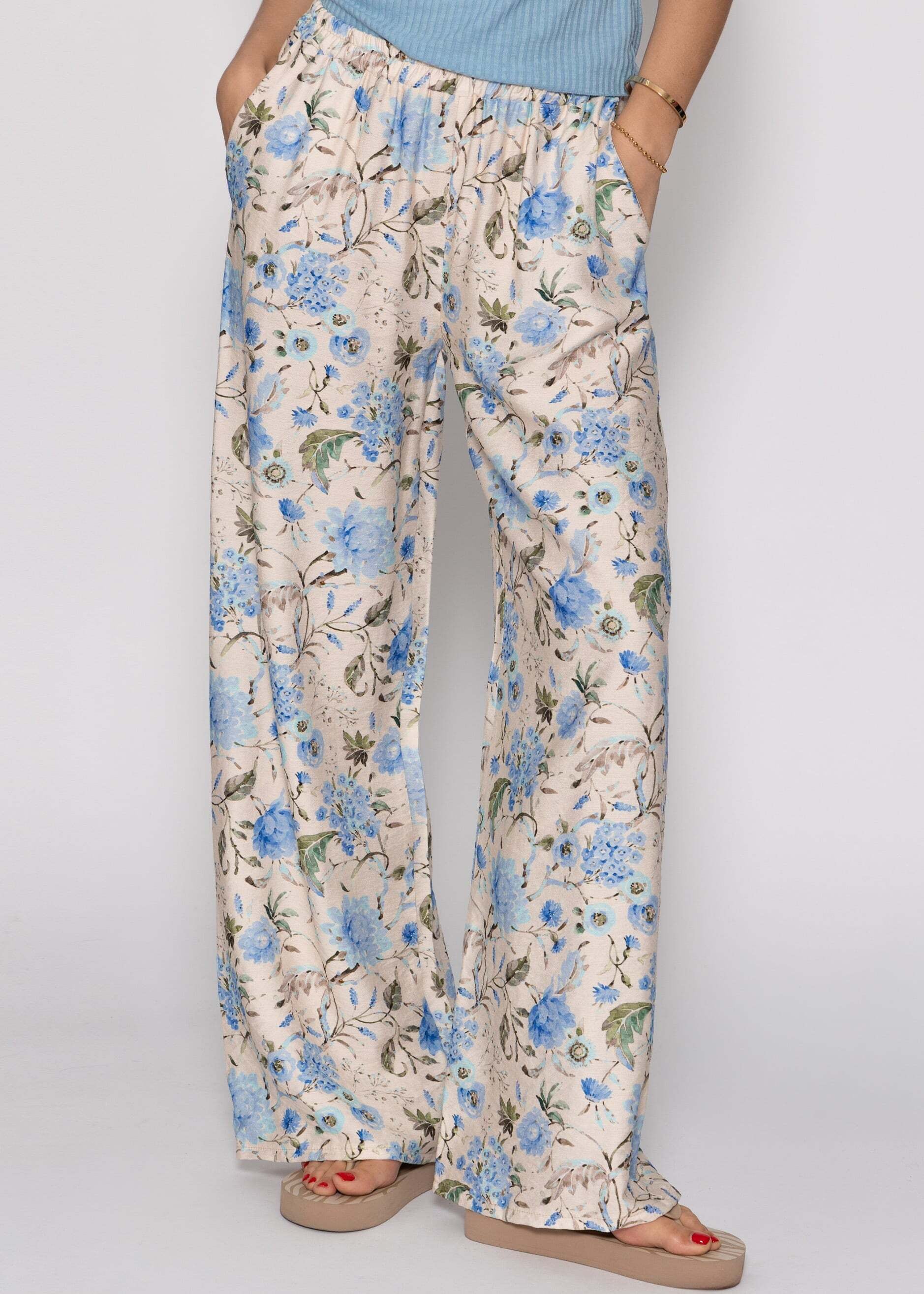 SASSYCLASSY Stoffhose »Hose mit Blümchendruck«  Weite Hose in floralem Muster mit elastischem Bund Beige Blau