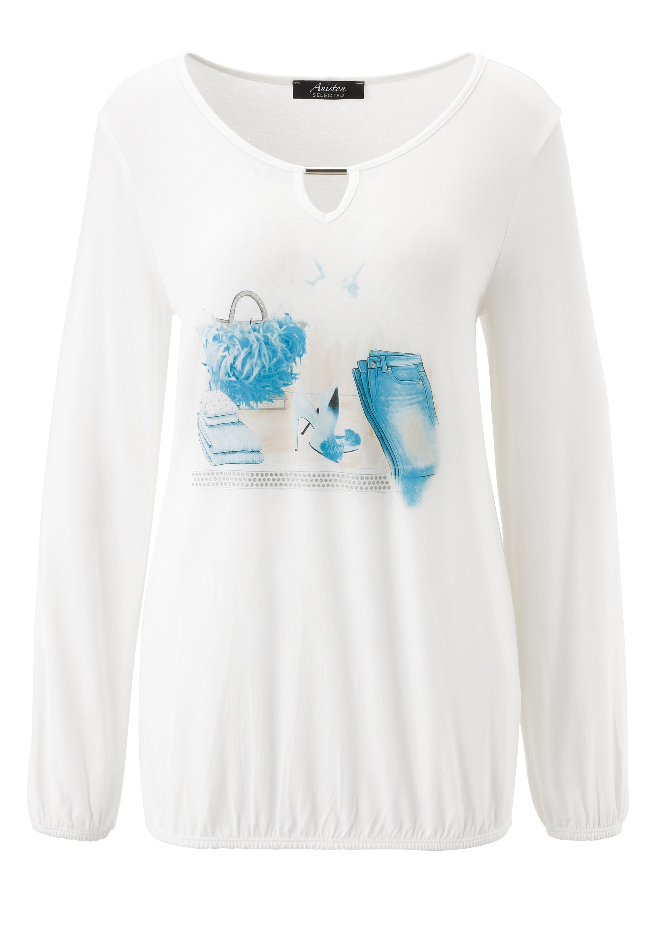 Aniston SELECTED Langarmshirt mit Cut-out und modischen Frontprint mit Glitzer - NEUE KOLLEKTION