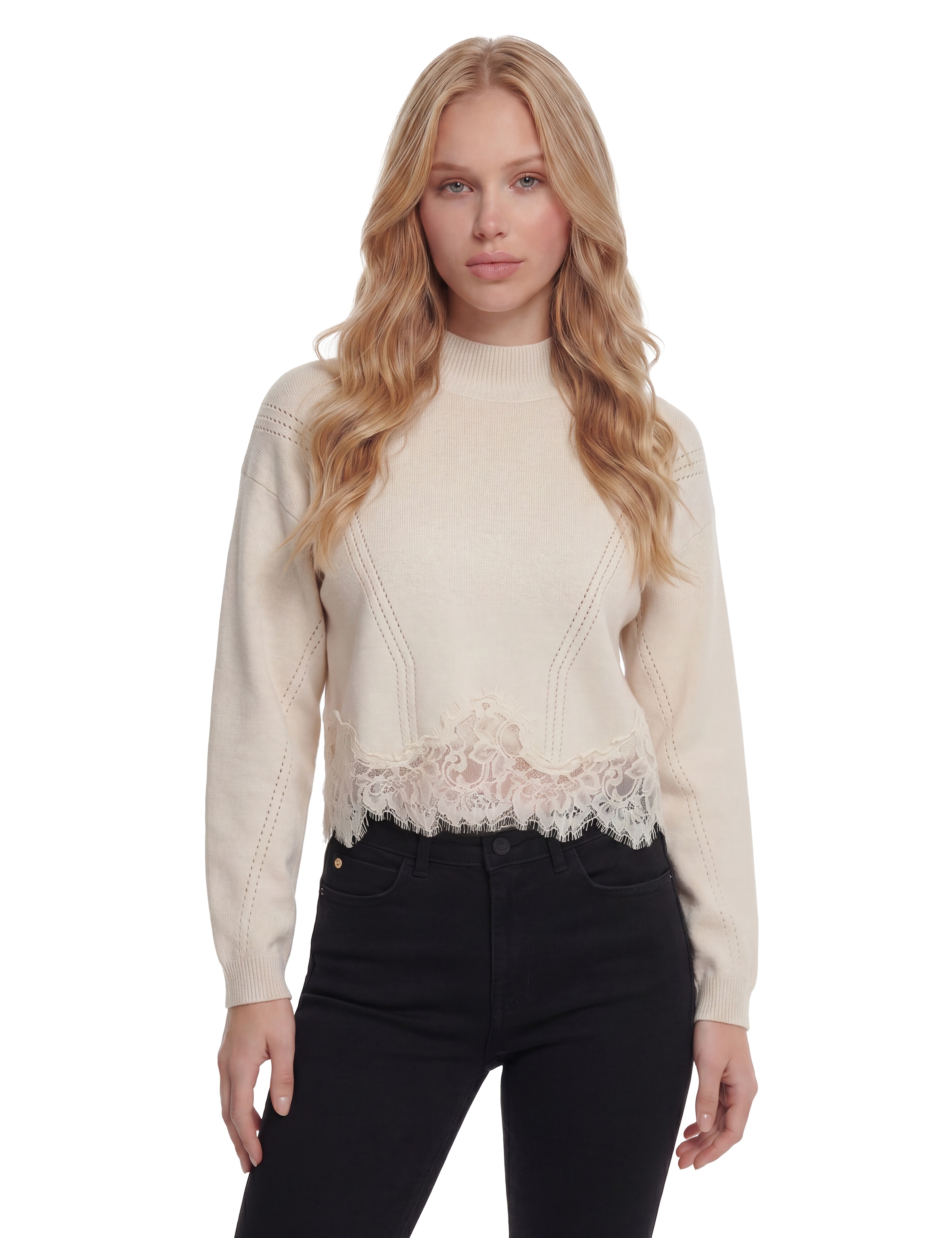 Guess Strickpullover »LS MN HAYDEN LACE SWTR« mit Woll-Anteil, Spitzenbesatz