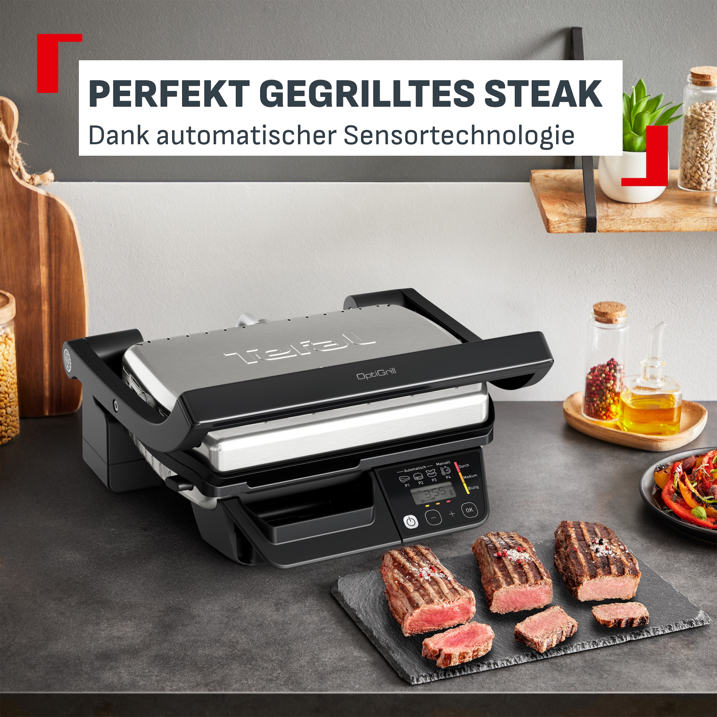 Tefal Kontaktgrill »OptiGrill One« Anpassung der Garzeit, Messung der Dicke des Grillguts, 3 Programme