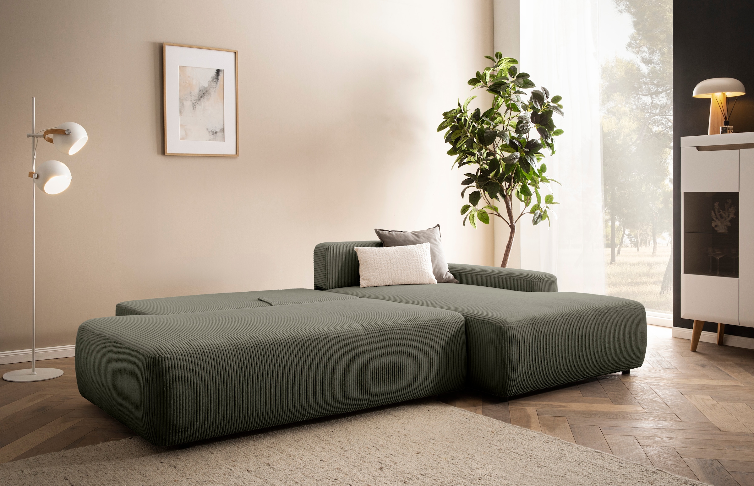 INOSIGN Ecksofa »TORGE, Schlafsofa Cord, Samtvelours u. Strukur fein, Couch in L-Form« Schlaffunktion und Bettkasten, Liegefläche: 210x125 cm, neues Design