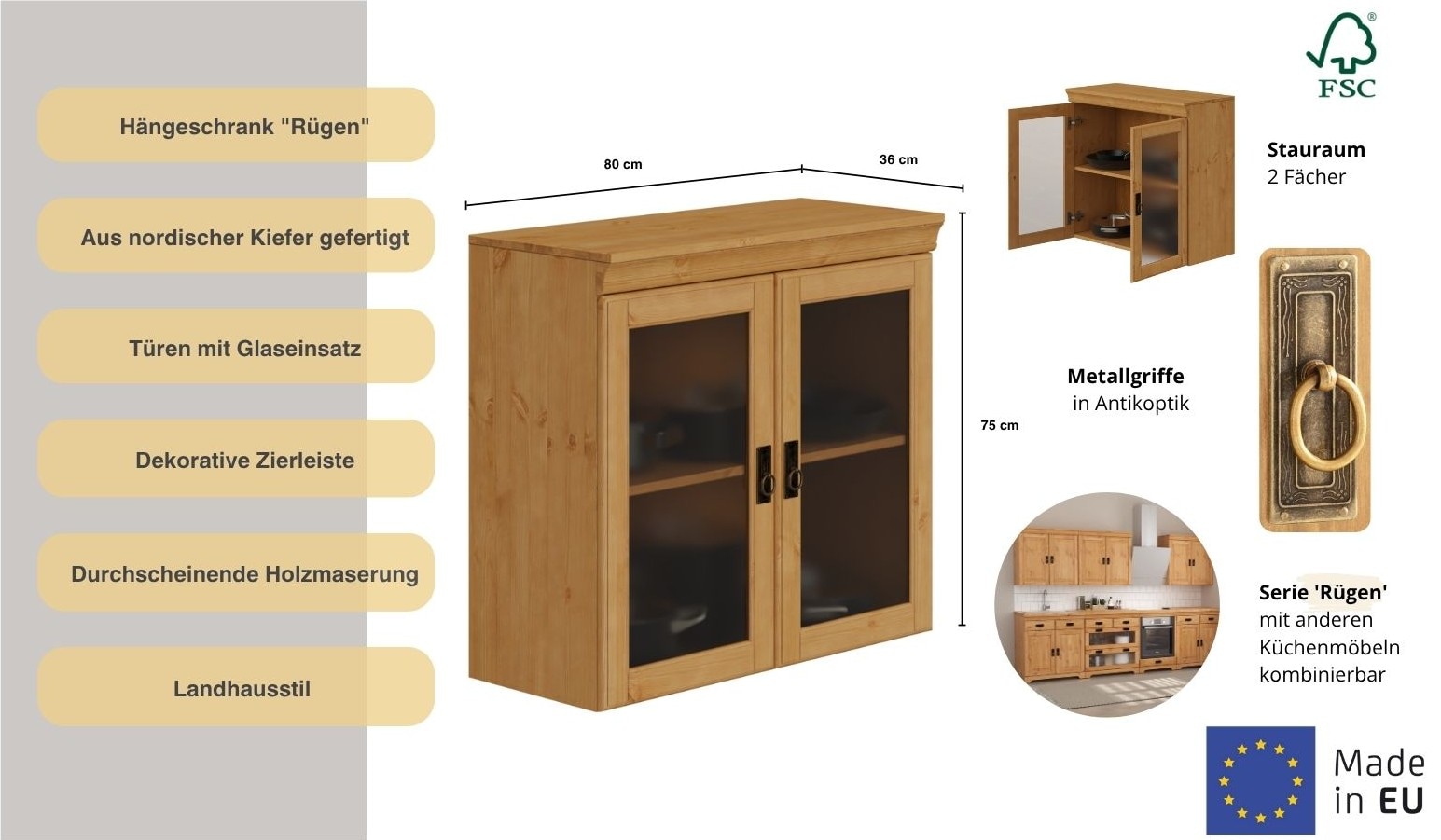 Home affaire Hängeschrank »Rügen«, Breite 80 cm, FSC® zertifiziertes Massivholz, Türen mit Glaseinsatz
