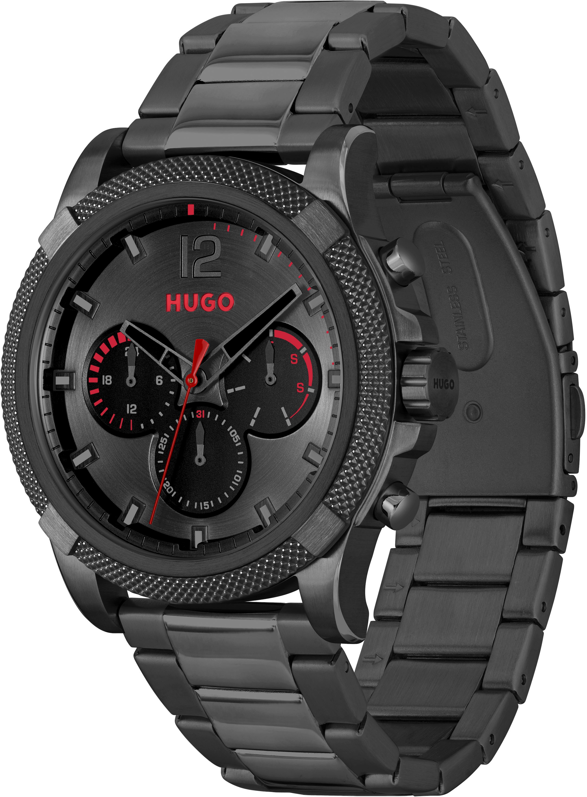 HUGO Multifunktionsuhr »#IMPRESS - FOR HIM, 1530296«, Quarzuhr, Armbanduhr, Herrenuhr, Datum, 12/24-Stunden-Anzeige