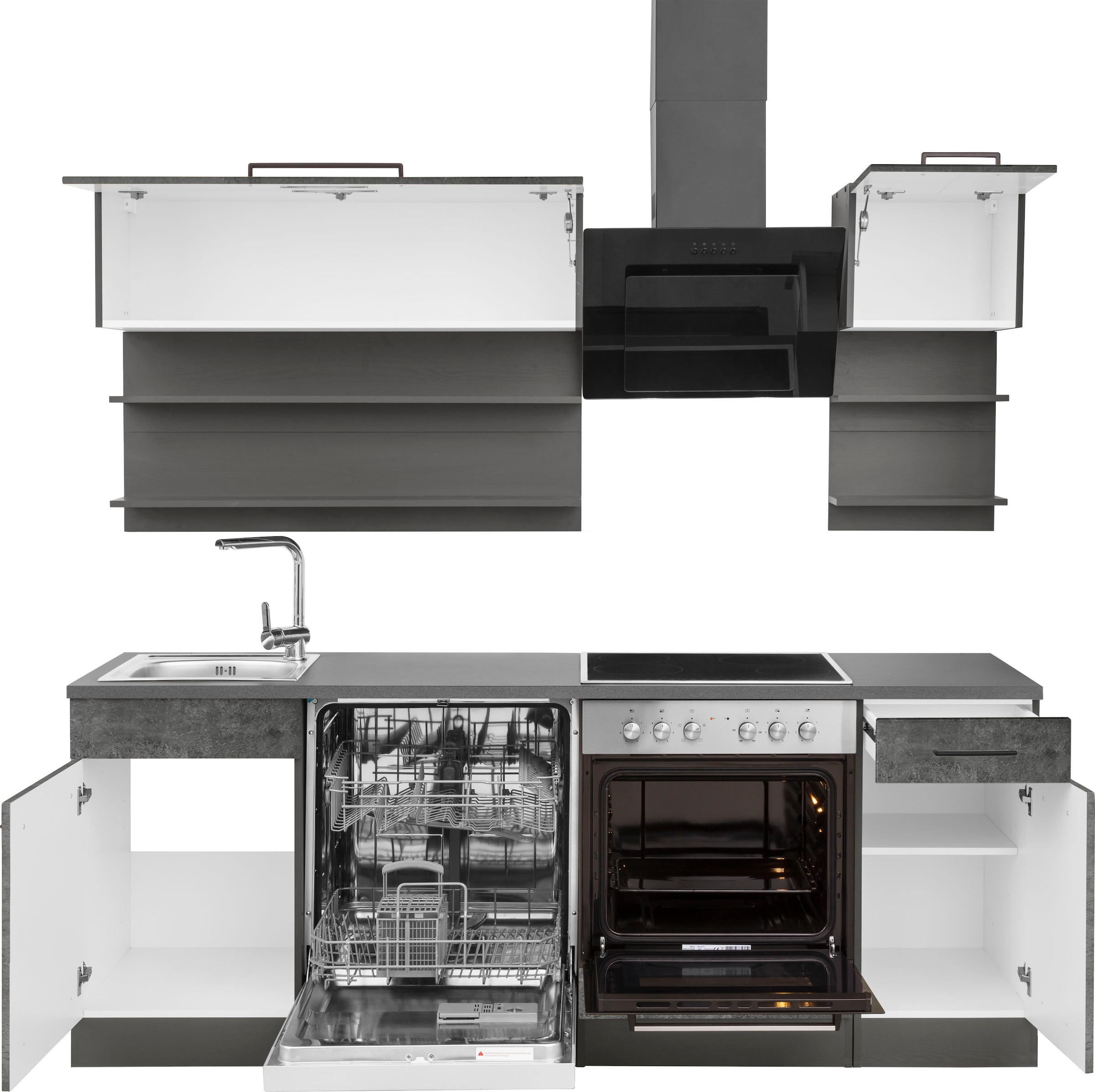 KOCHSTATION Küchenzeile »KS-Tulsa«, ohne E-Geräte, Breite 210 cm, schwarze Metallgriffe, MDF Fronten