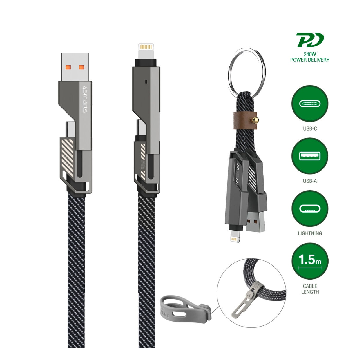 4smarts USB-Kabel »USB-C Kabel ComboCord Flat 240W, 1,5m + Keyring Kabel«, USB-C, 150,00 cm