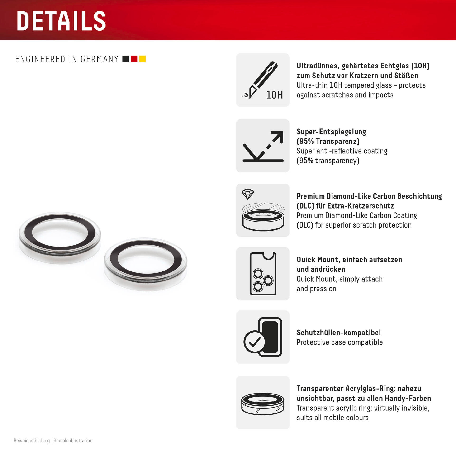 Displex Kameraschutzglas »Camera Lens Glass Single Glass Ring Protector«, für Apple iPhone 15-Apple iPhone 15 Plus, (Packung, 2x Einzellinsen-Schutzringe), Objektivschutz, Kameraschutz, kratz- & stoßfest