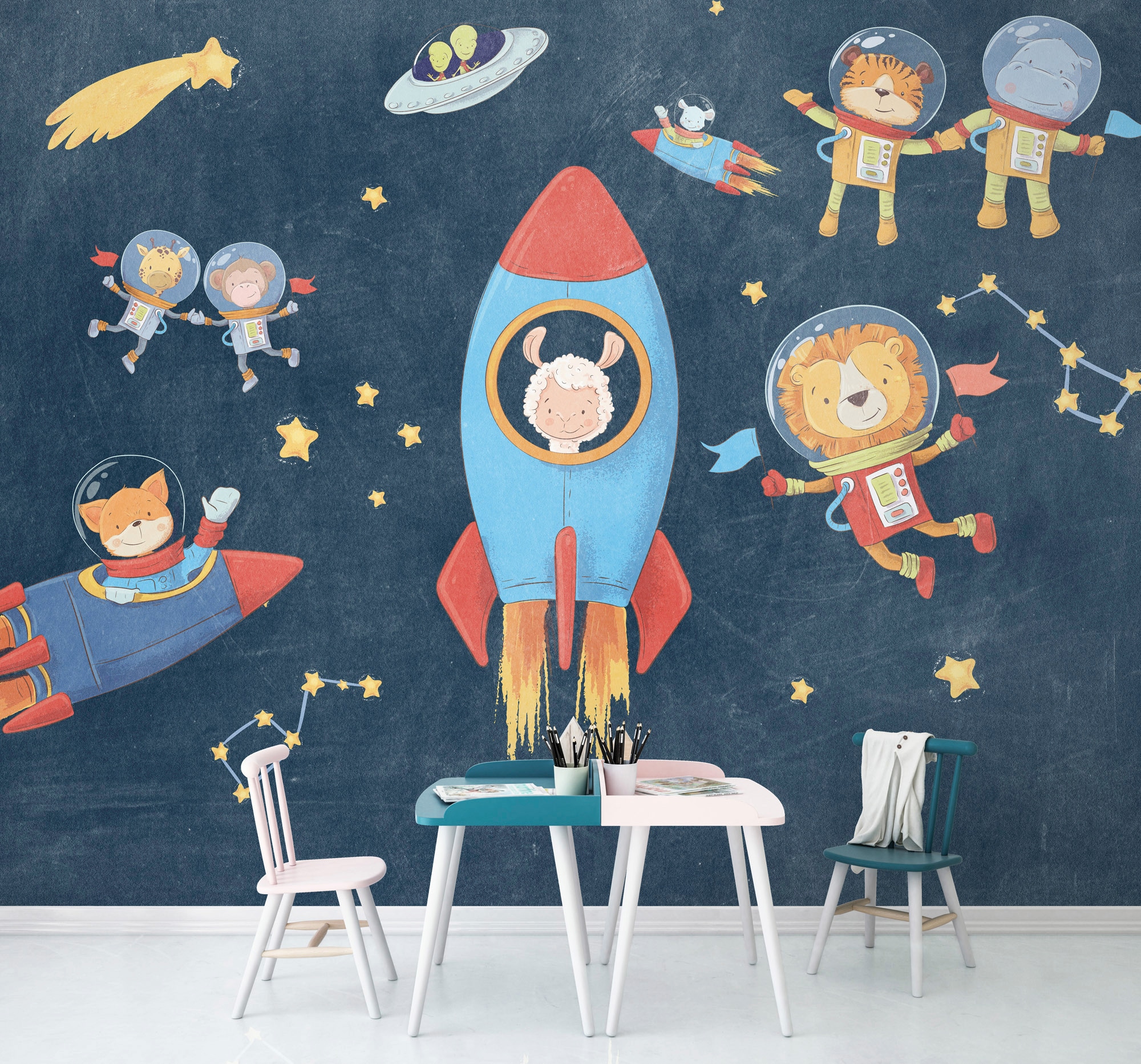 Komar Vliestapete »Digitaldruck Vlies - Friends in Space - Größe 350 x 280 cm«, bedruckt, Kinderzimmer