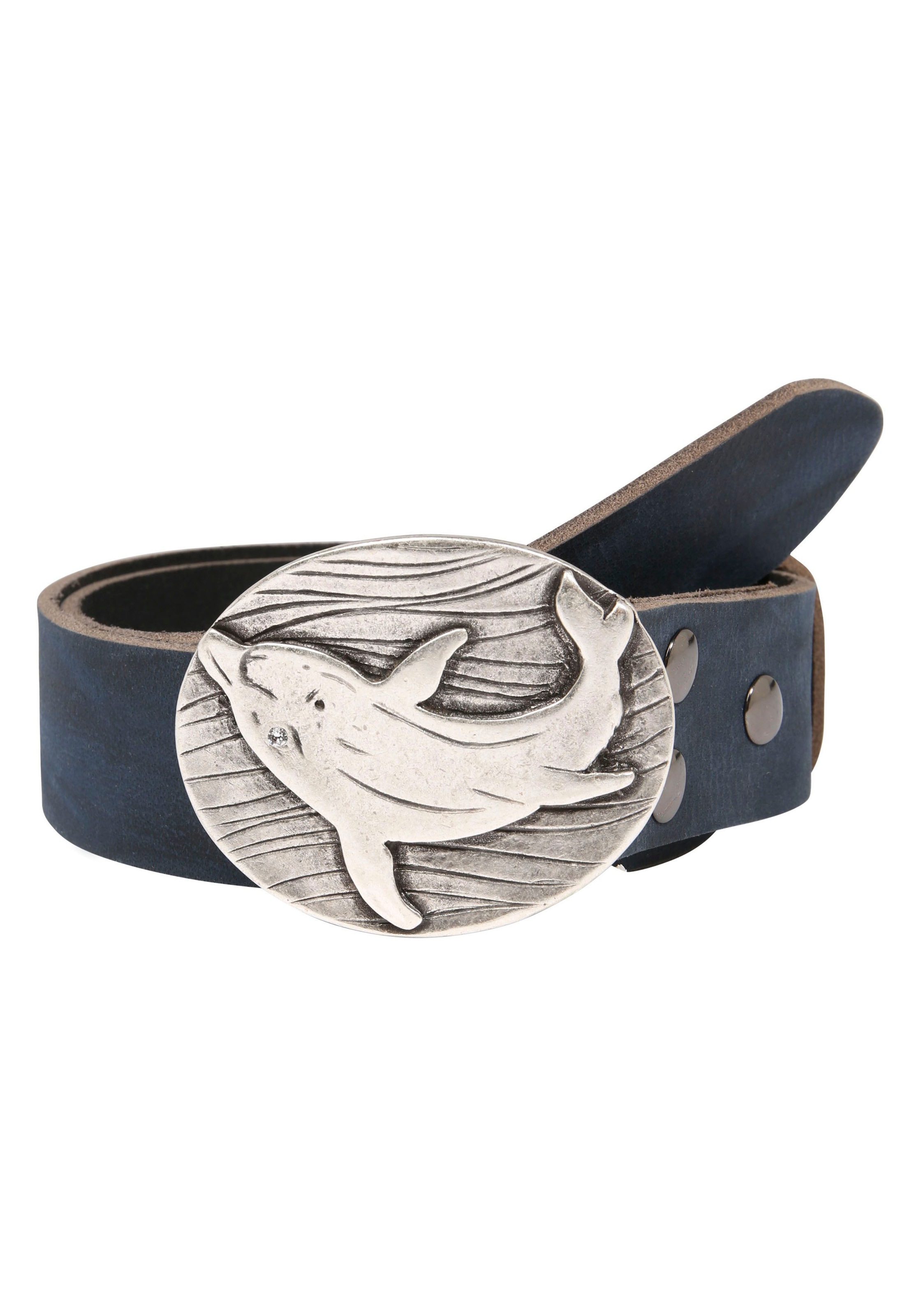 Rettungsring Gürtel Damen Ledergürtel Koppelschließe mit Tiermotiv in blau, Größe 105