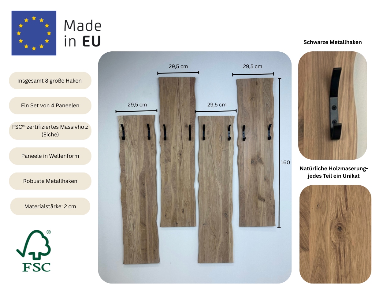 OTTO home Garderobenpaneel »Brodi« B/T/H: 160/20/17 cm, 4 Stk. tlg. aus massiver Eiche, FSC®-zertifiziert
