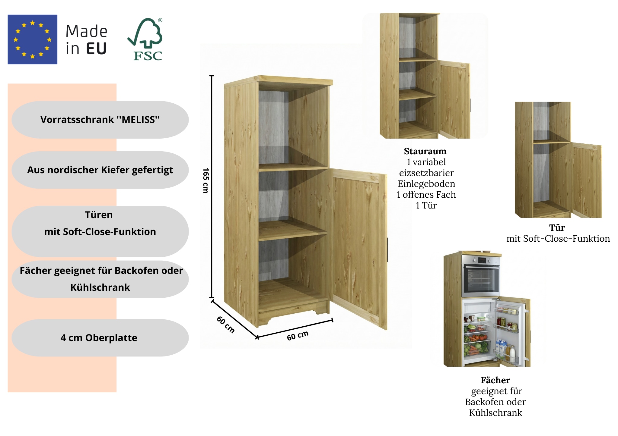 Home affaire Backofen/Kühlumbauschrank »Meliss« aus massiver Kiefer, Breite 60 cm, Soft-Close-Funktion