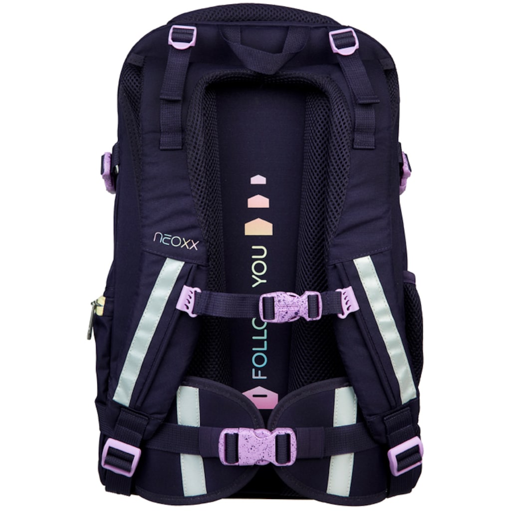 neoxx Schulrucksack »Active, Mindful Magic«, reflektierende Details, aus recycelten PET-Flaschen; inklusive Schlamperetui