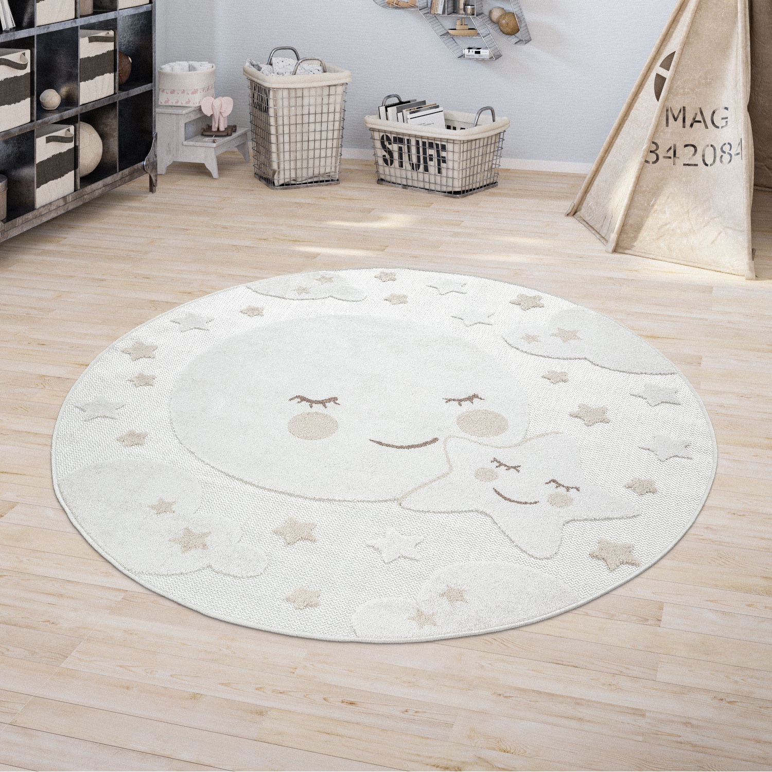 Paco Home Kinderteppich »Tweet 465«, rund, 12 mm Höhe, Flachgewebe, Hoch-Tief-Effekt, Motiv Mond & Sterne, Outdoor geeignet