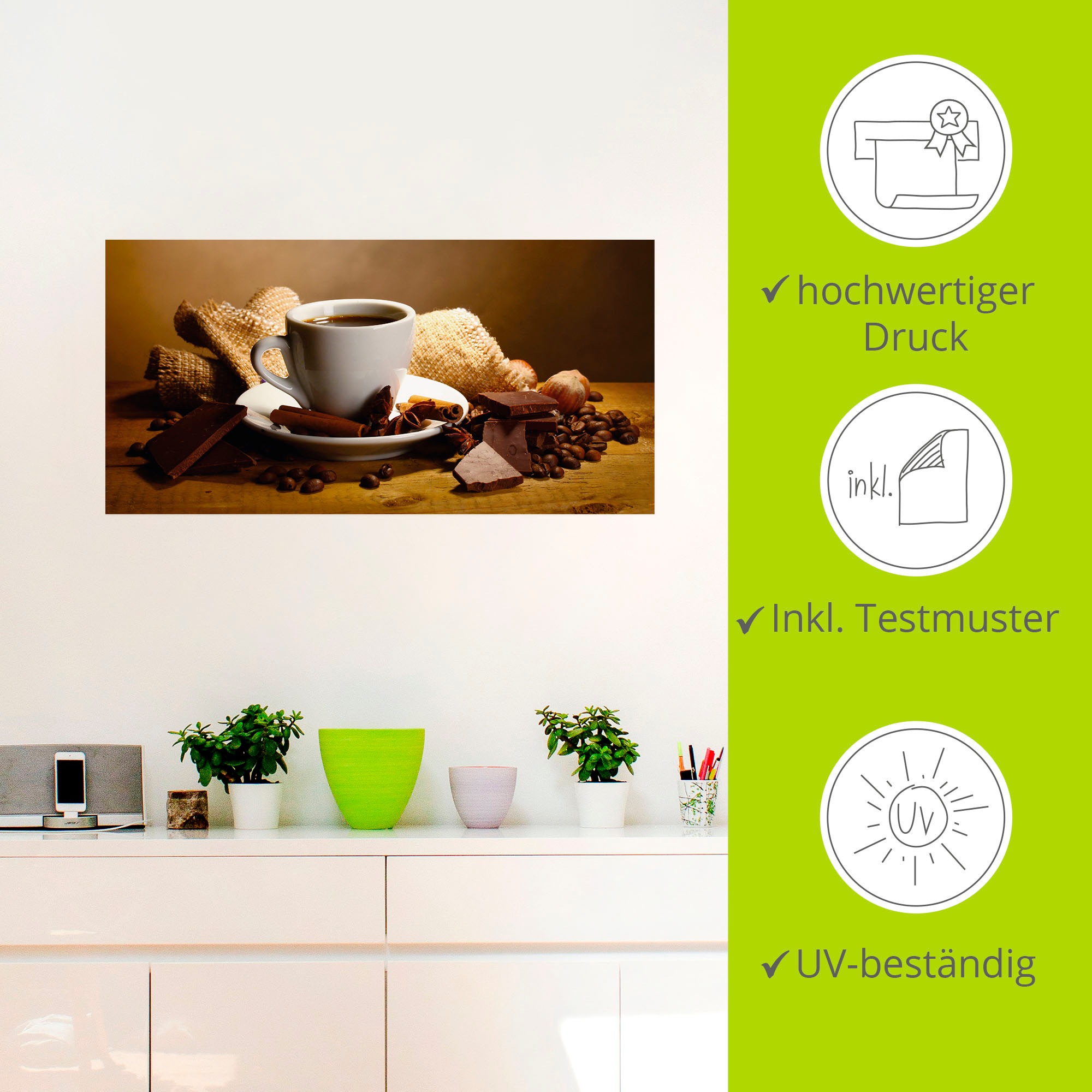 Artland Wandbild »Kaffeetasse Zimtstange Nüsse Schokolade«, Getränke, (1 St.), als Leinwandbild, Poster, Wandaufkleber in verschied. Größen