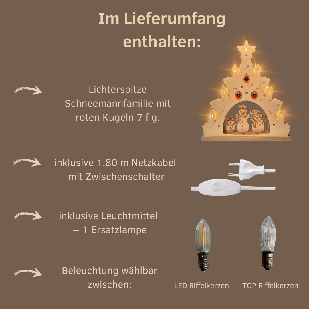 Weigla LED Schwibbogen »Schneemannfamilie mit roten Kugeln« Erzgebirge garantiert, Lichterspitze aus Buchenholz