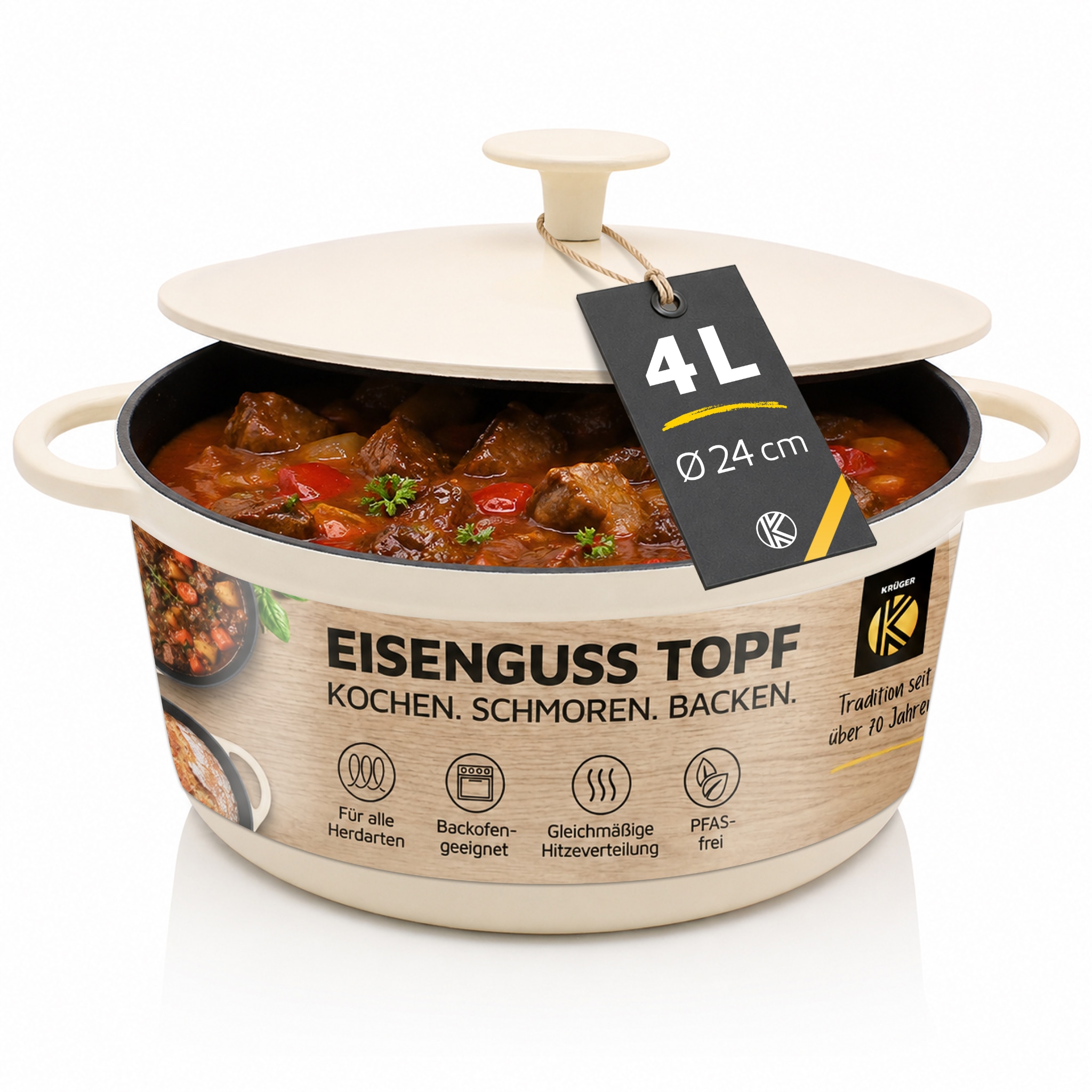Krüger Fleischtopf »Eisenguss Fleischtopf mit Deckel SAVANNA, 24 cm« 1 Stk. tlg. Gusseisen