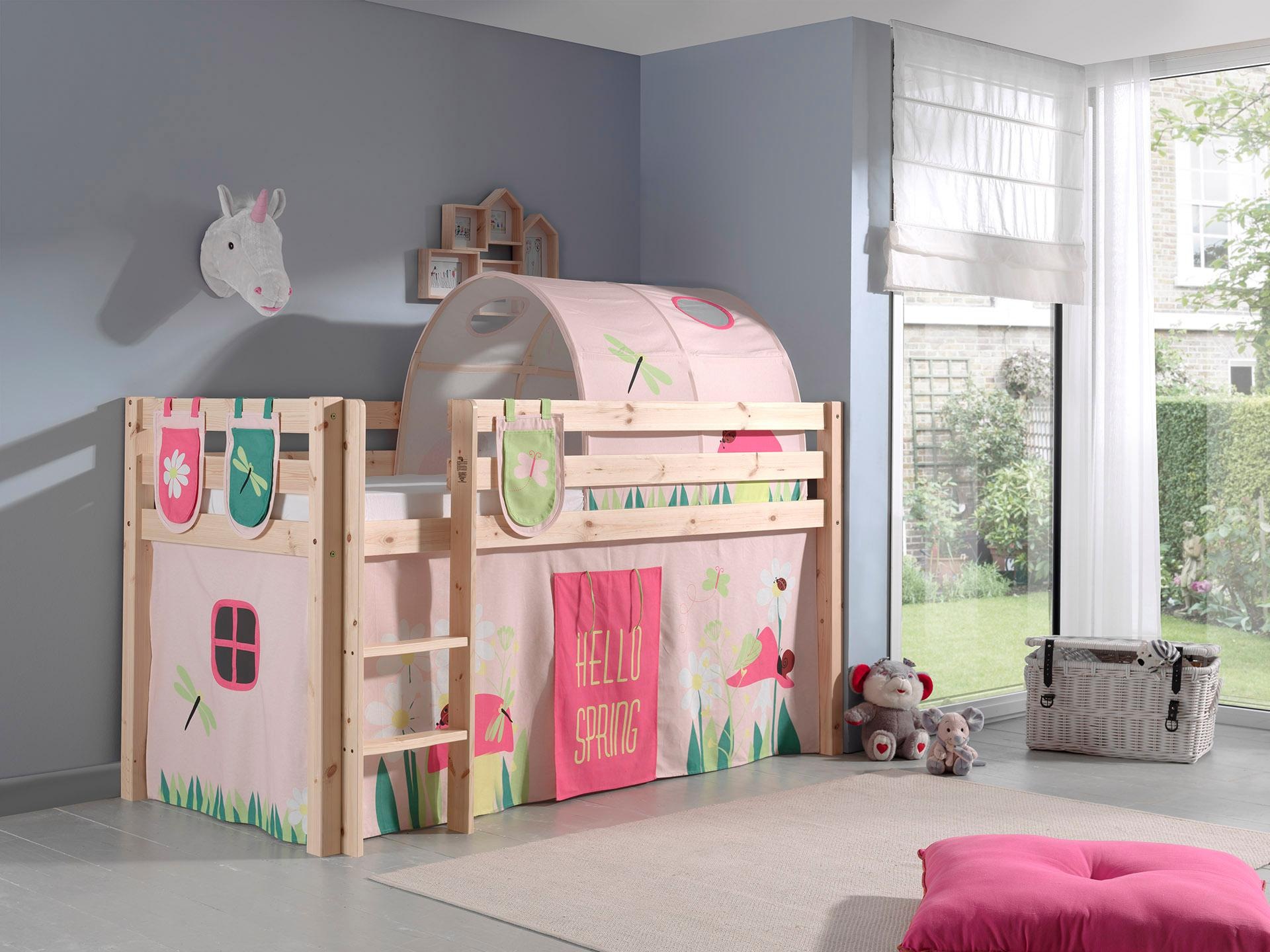 Vipack Hochbett »Pino, Spielbett massiv Kiefer, stabil gebaut, 3 Korpusfarben zur Wahl«, (inkl. Rolllattenrost, Leiter und Absturzschutz, mit oder ohne Rutsche), Textil-Set Spring, inkl. Vorhang, mit oder ohne Tunnel