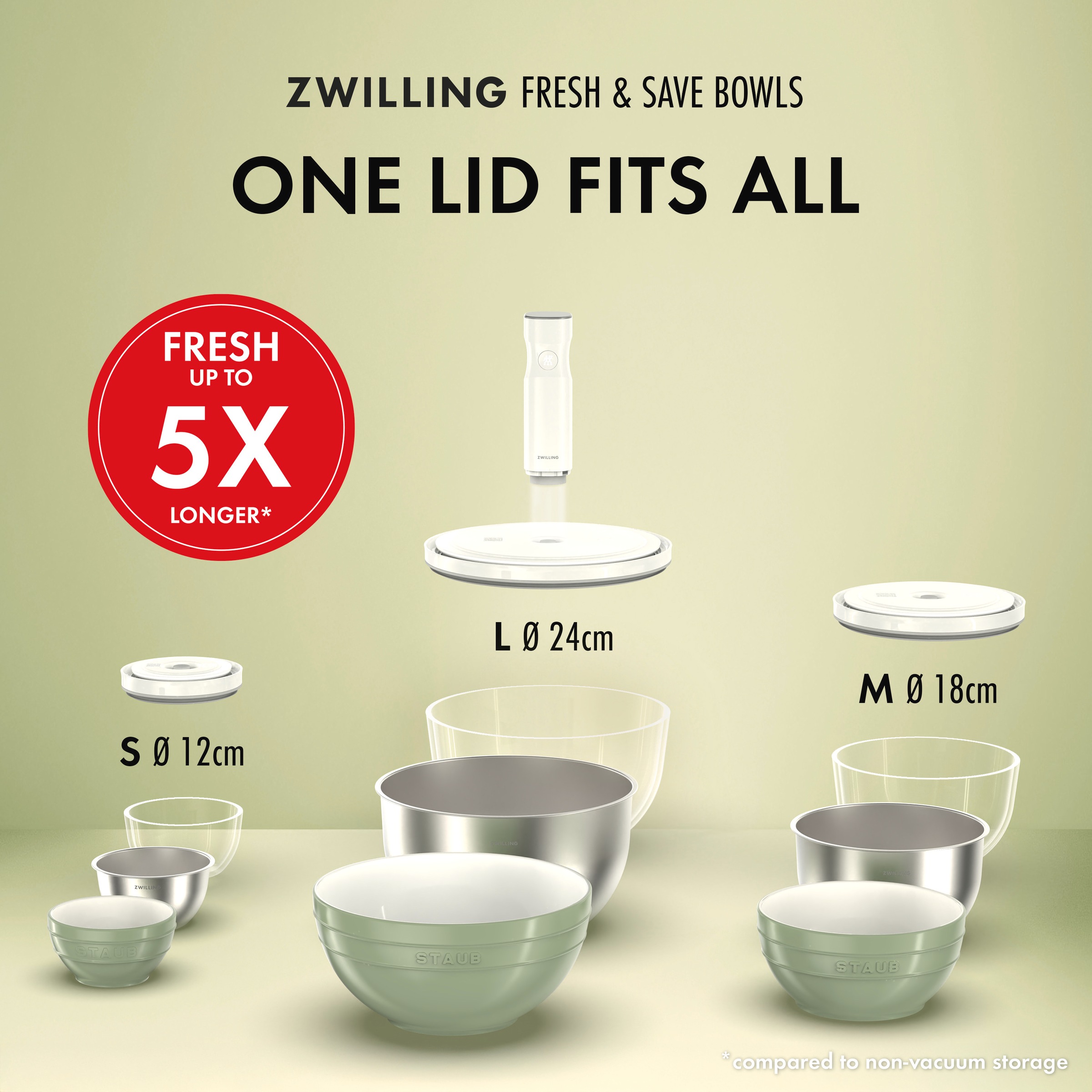 Zwilling Aufbewahrungssystem »Fresh & Save BOWLS«, (Set, 9 tlg., 1 Pumpe, 1 Schüssel + Deckel (M/18 cm), (L/24 cm), 1 Beutel S + M), Vakuum Starter Set, Edelstahl / M/L, 9-tlg.