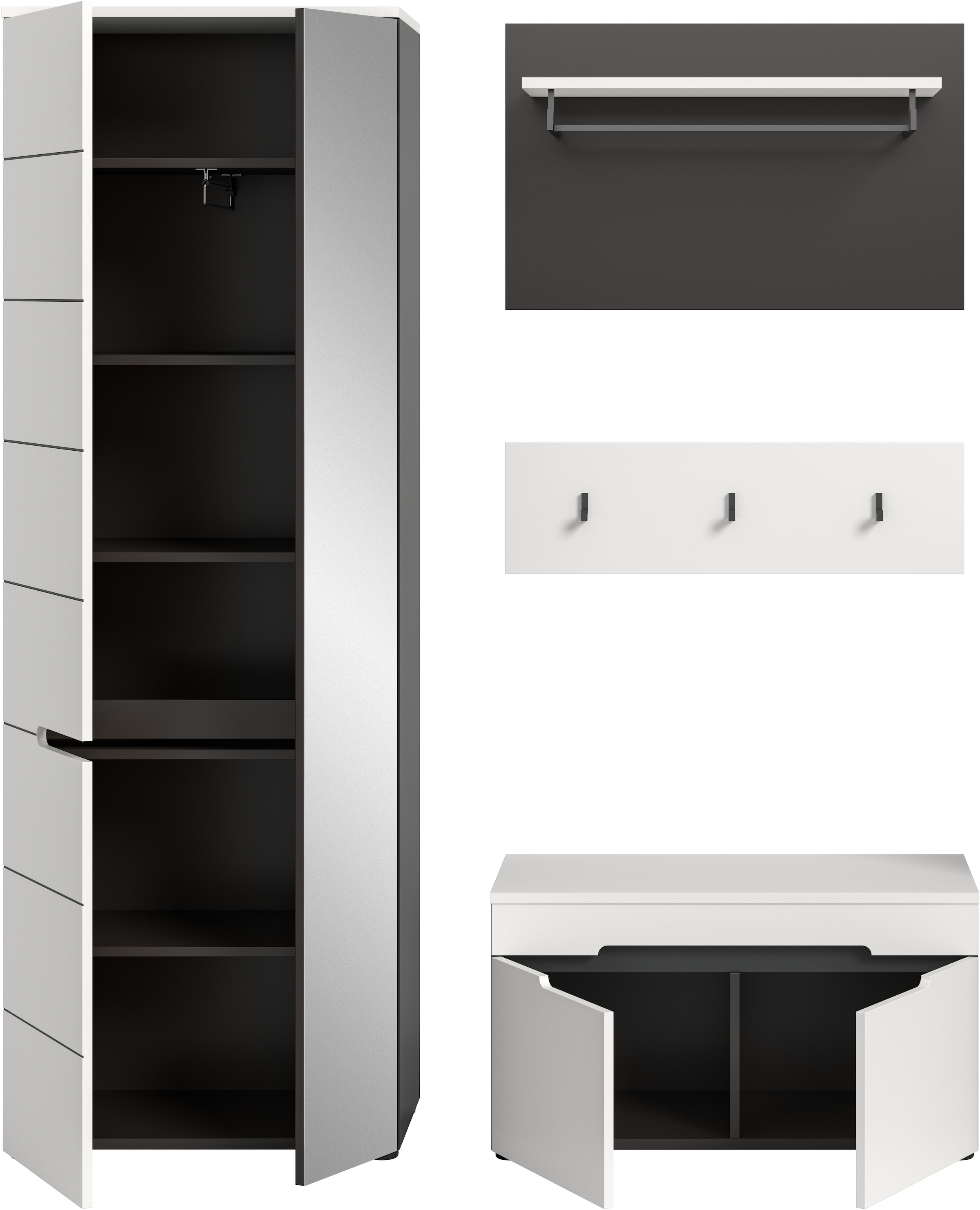 INOSIGN Garderoben-Set »REHAT, TOPSELLER!, 4-teilig, Breite 160cm, individuell stellbar« bestehend aus: Garderobenschrank, Sitzbank, Paneel, Hakenleiste, 3 Stk. tlg.