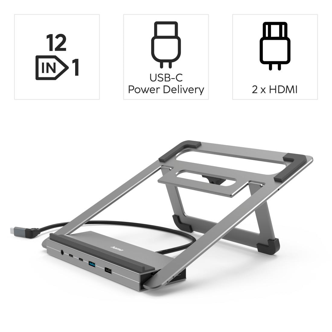 Hama Laptop-Dockingstation »USB-C Docking Station, Stand Notebook Halterung 12Ports für Laptop«, 4x USB-A, 3x USB-C,2x HDMI, 1x DisplayPort, 1x LAN, 1x 3,5mm Audio Aux