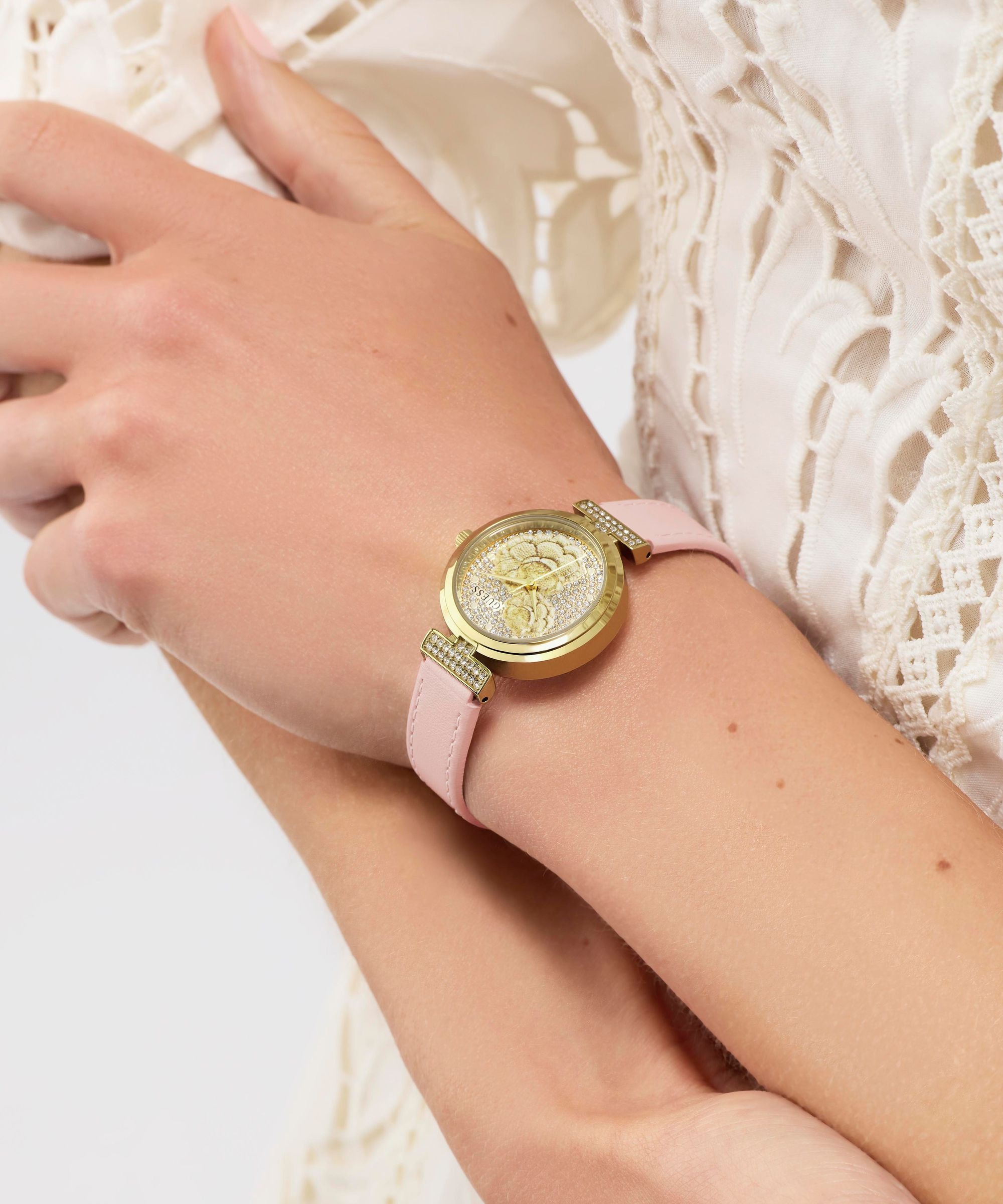 Guess Quarzuhr »ARRAY« Armbanduhr, Damenuhr, Lederarmband, analog