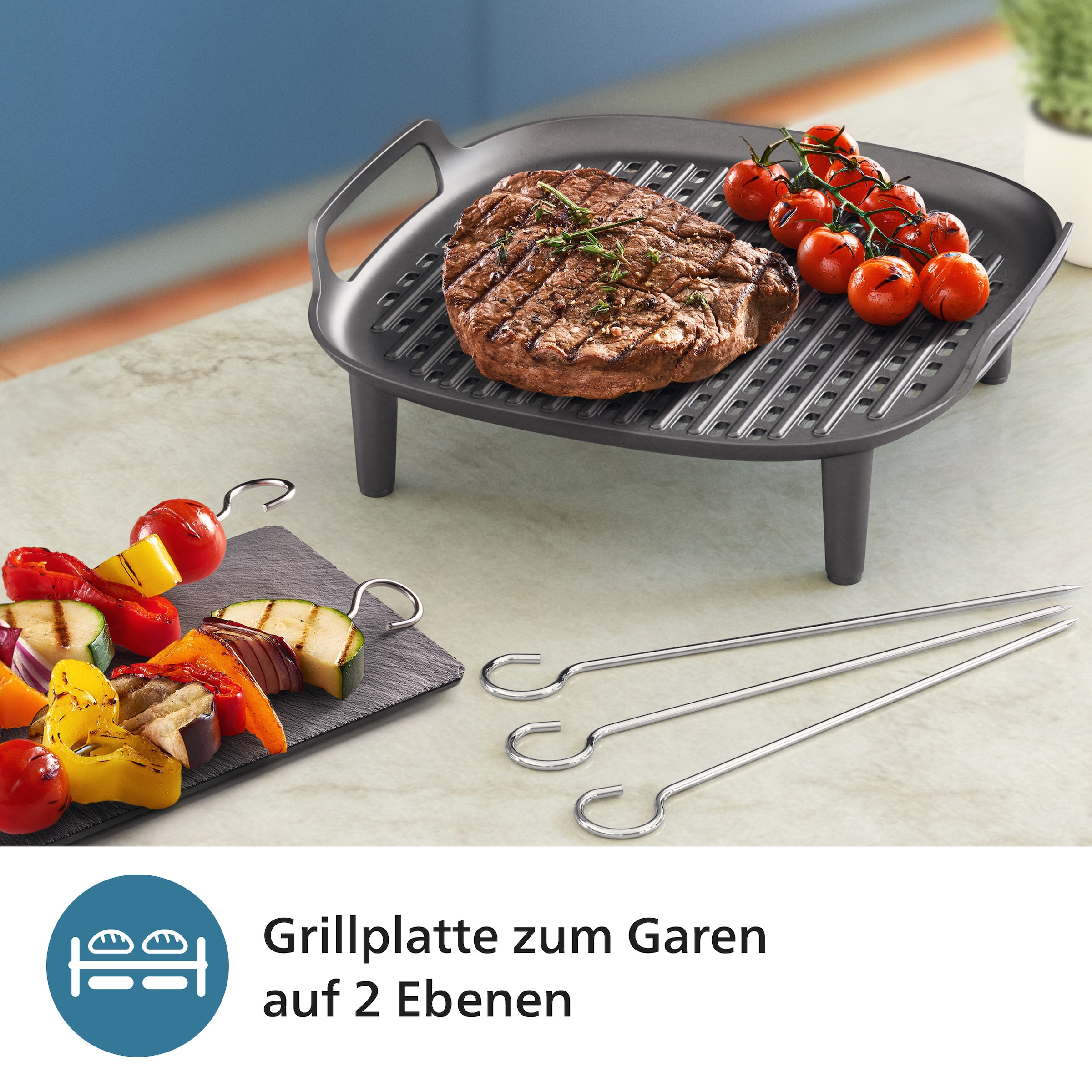 Philips Grillpfanneneinsatz »HD9946/00 für Airfryer 6,2 l, Grillplatte zum Garen auf 2 Ebenen«, Aluminium, (Set, 6 St.), inkl. 5 Spieße, HomeID App, spülmaschinenfest