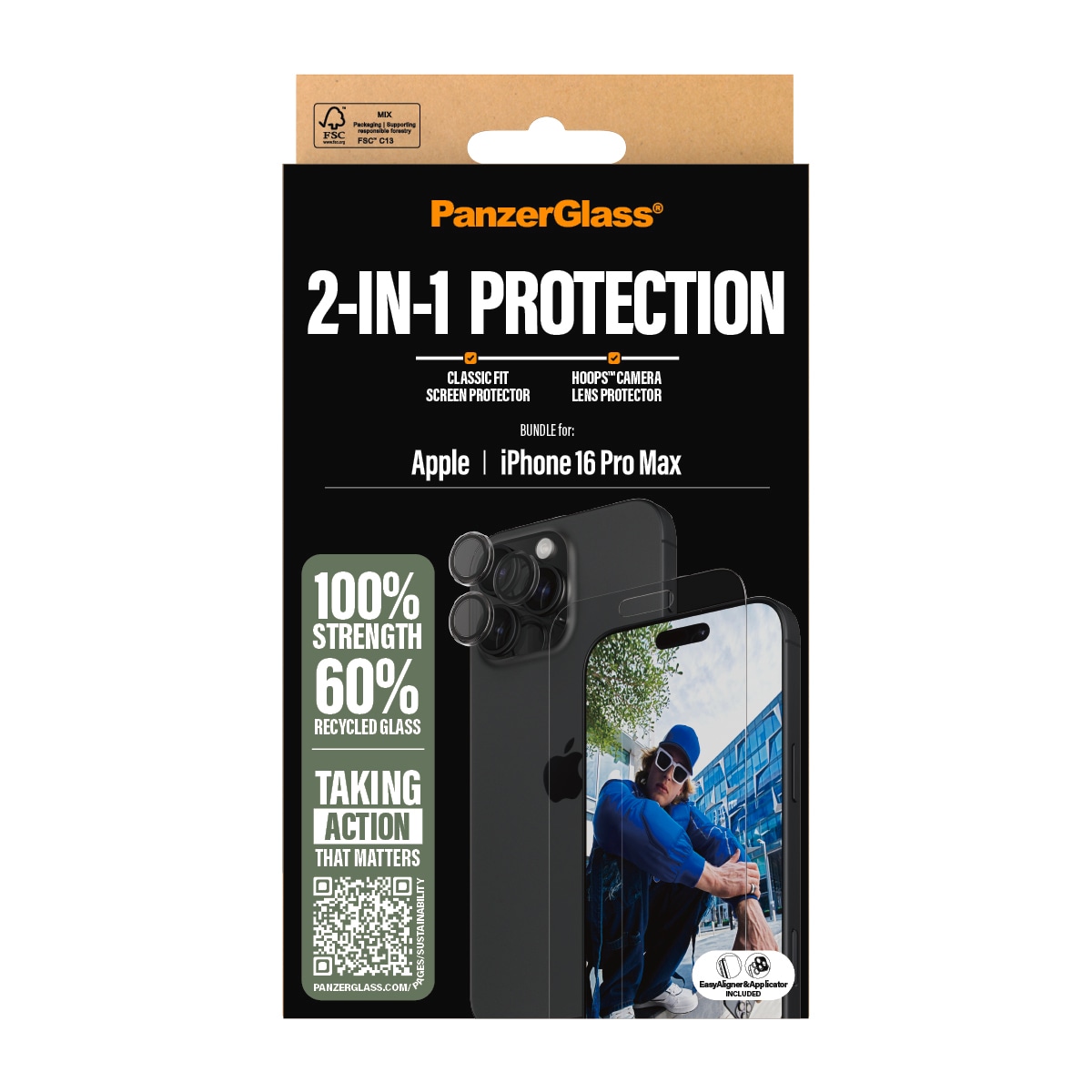 PanzerGlass Displayschutzglas »2-in-1 Protection, Glass, Lens Protector«, für Apple iPhone 16 Pro Max, Displayschutzfolie, Schutzfolie, Bildschirmschutz, kratz- & stoßfest