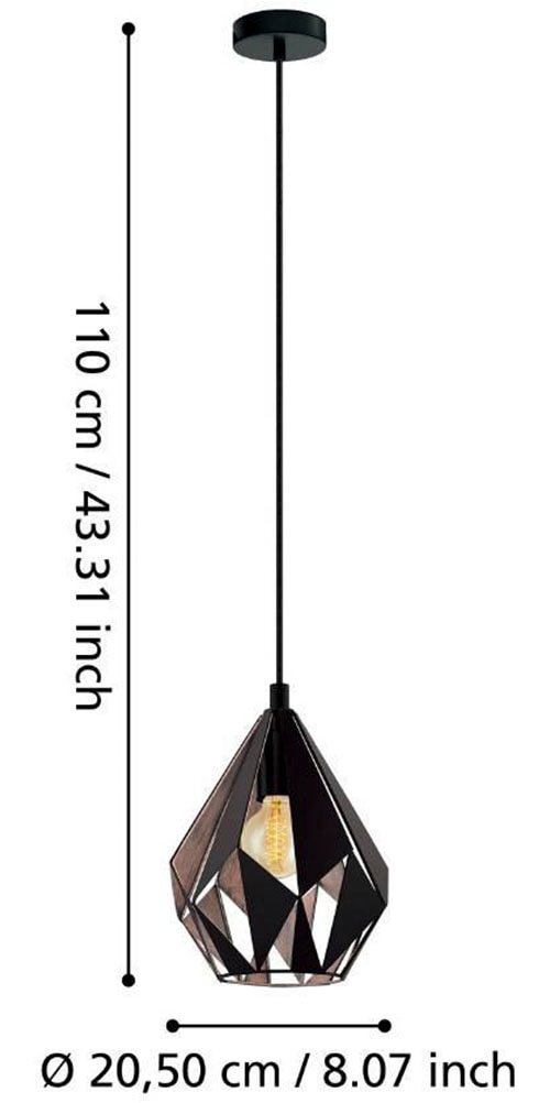 EGLO Pendelleuchte »CARLTON 1 Hängeleuchte, schwarz kupfer, Stahl, exkl. Leuchtmittel«, 1 flammig, Leuchtmittel E27 | ohne Leuchtmittel, Vintage Pendellampe, 1 flammig, Drahtgeflecht, Industrial, 110x20,5cm