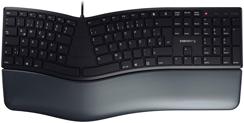 Cherry Tastatur »KC 4500 ERGO Kabelgebundene Ergonomische Tastatur, Schwarz, USB« (Fn-Tasten | Funktionstasten | Handgelenkauflage | Lautstärkeregler | Multimedia-Tasten | Ziffernblock | ergonomische Form | verstellbare Füße)