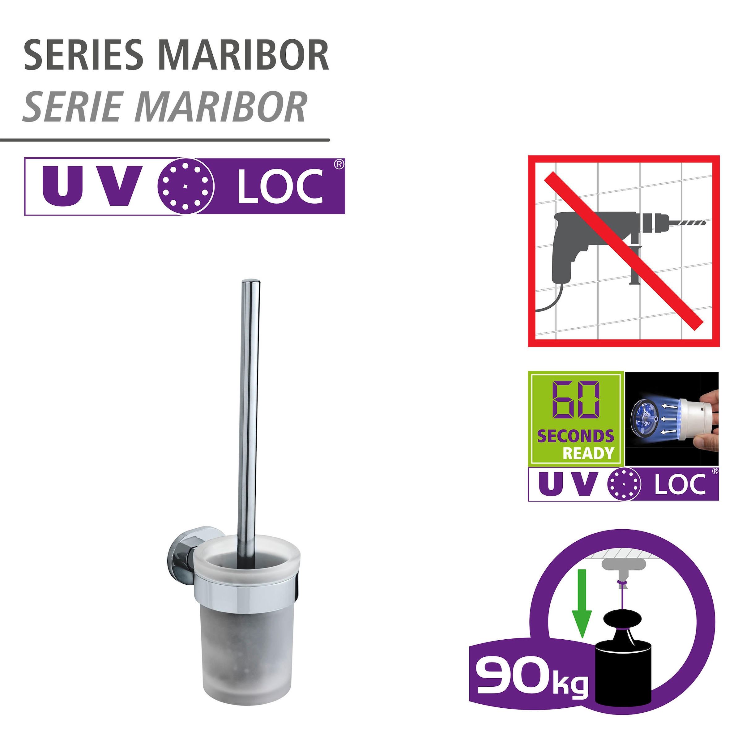 WENKO WC-Garnitur »UV-Loc® Maribor«, aus Zinkdruckguss-Glas, befestigen ohne Bohren, Bürstenkopf auswechselbar