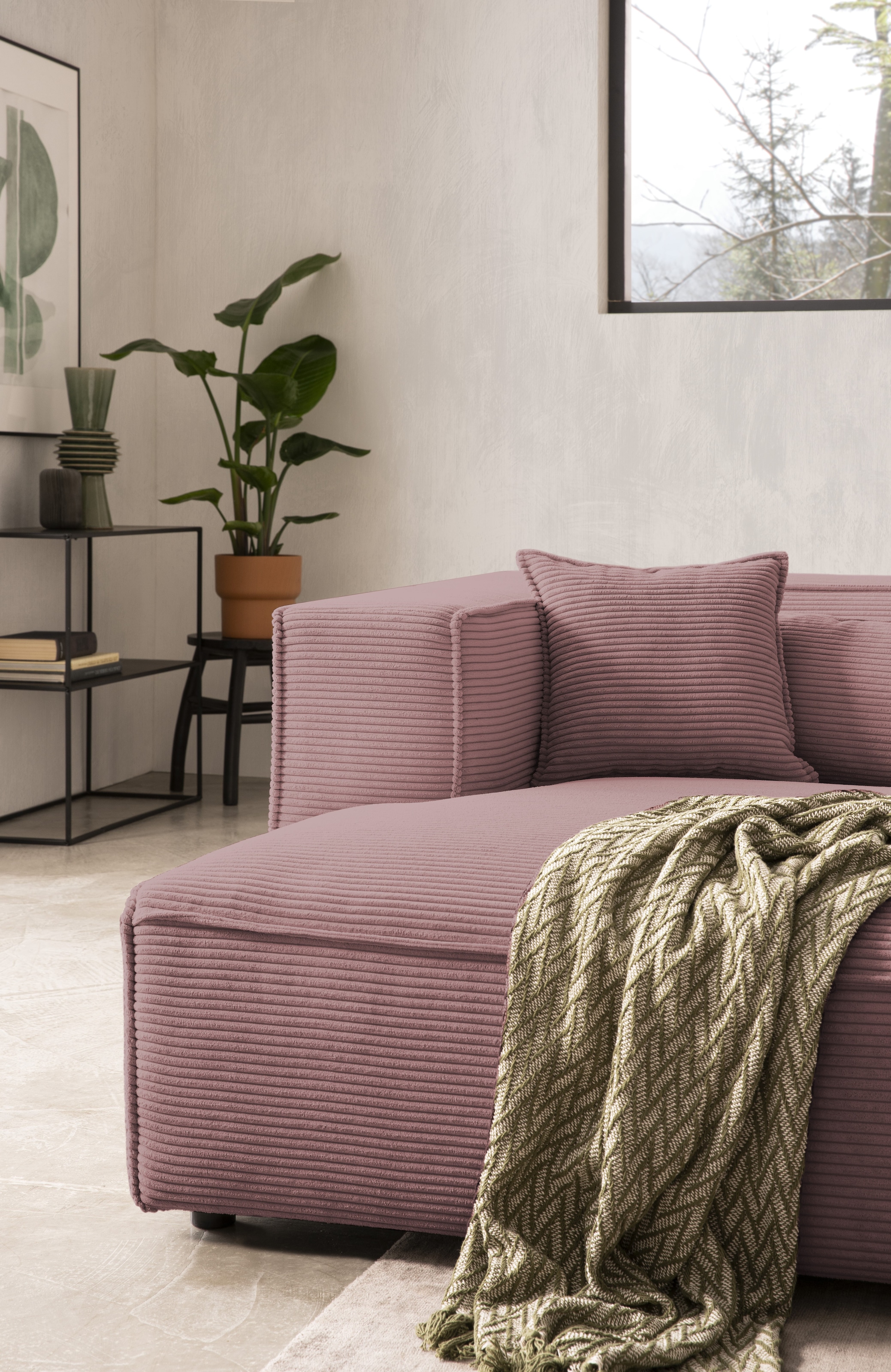 LeGer Home by Lena Gercke Ecksofa »PIARA mit Kedernaht in Cord oder Leinenoptik, moderne Couch in L-Form«, wahlweise Ottomane rechts/links, schwarze Füße, bequemer Sitzkomfort