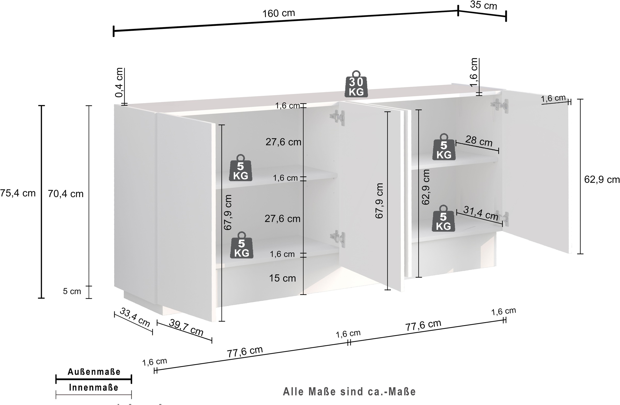 INOSIGN Sideboard »VELA, Sideboard, Breite 160 cm, Design mit schrägen Türen«, (1 St.), Made in Italy, Maße-B/T/H: 160x35x75,Sideboard, Anrichte, Kommode
